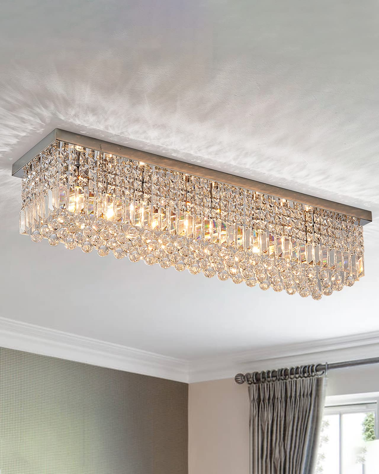 7PM Rectangular Chandelier, 13-Light Crystal Flush Mount, Chrome Finish, 59inx10inx9in, Model 7PM-HLC03715C