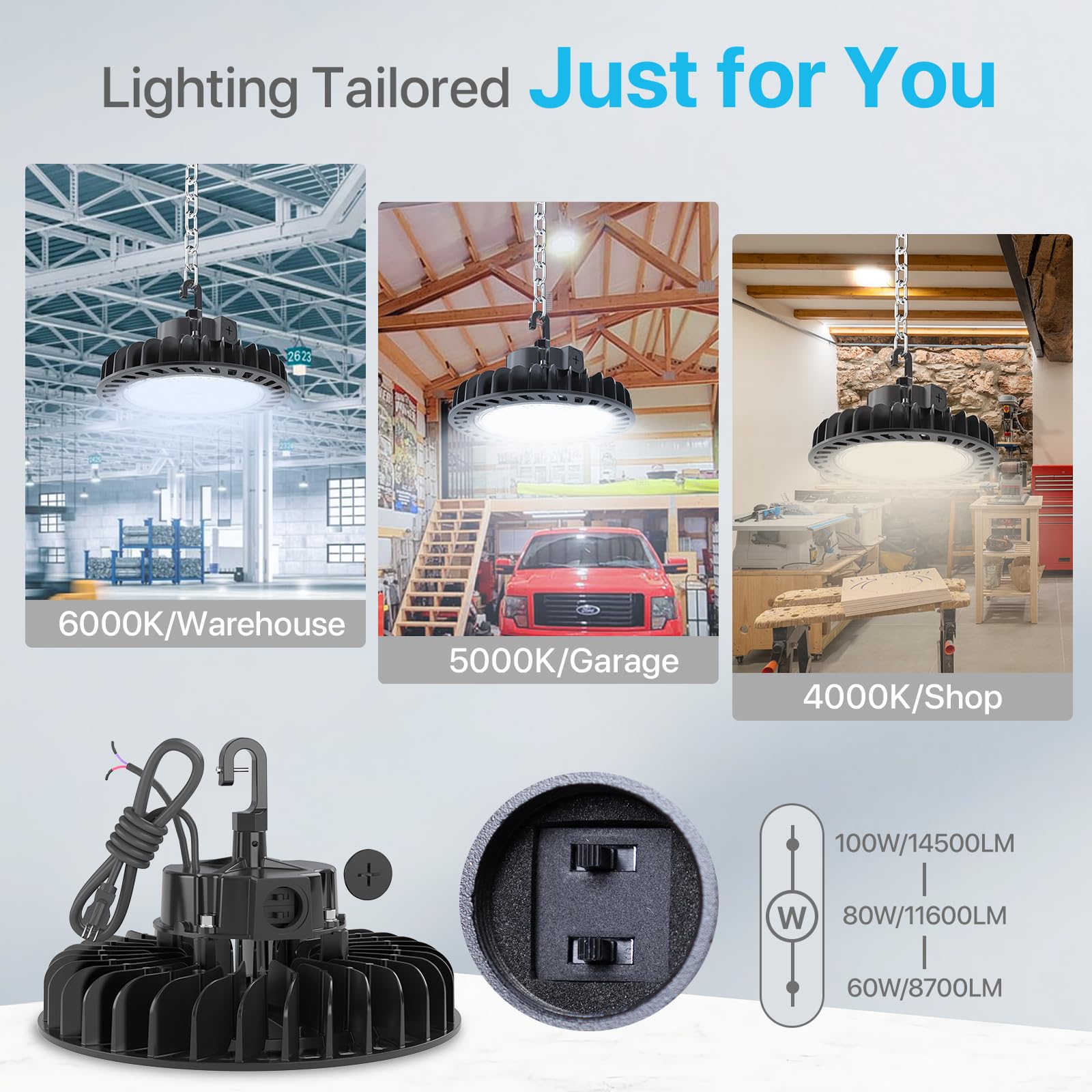 Hyperlite 4Pack Led Ufo High Bay Lights 100W 14,500Lm (145Lm/W) 5000K 1-10V Dimmable 5' Cable With 110V Plug Hanging Hook Safe R