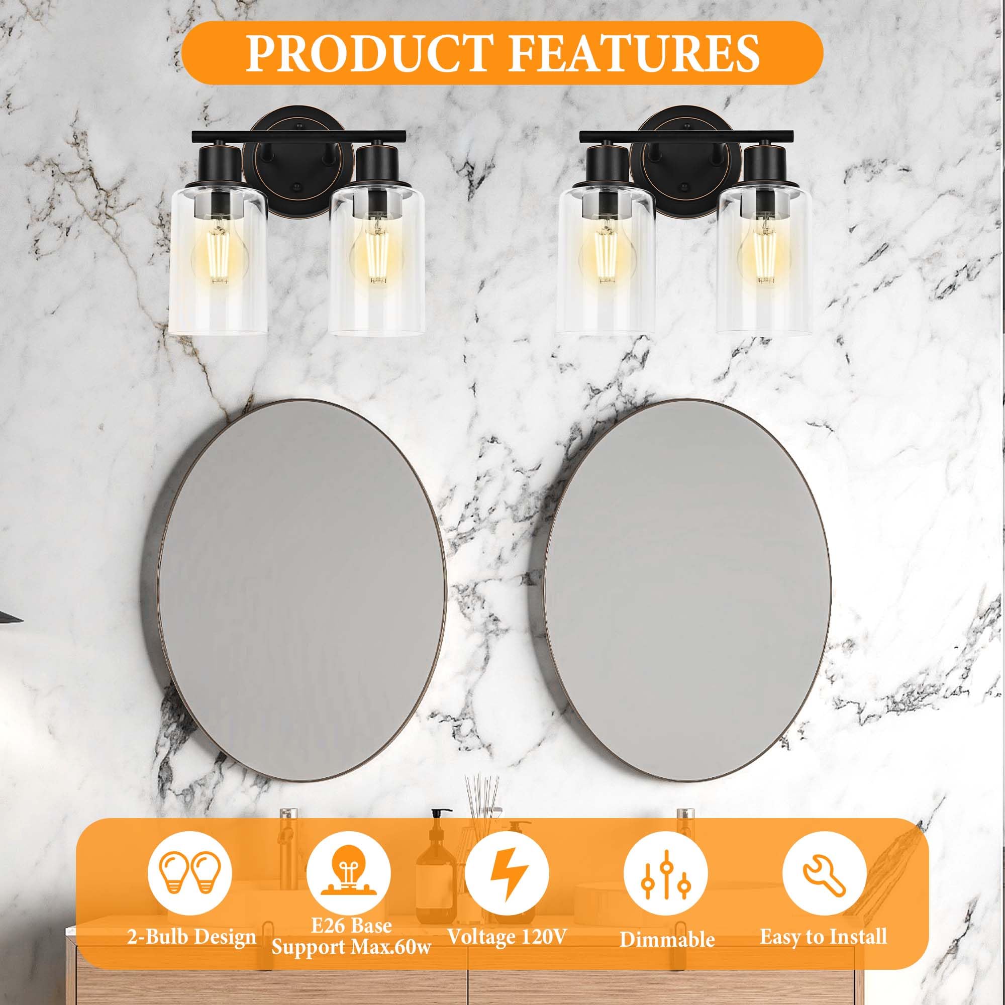 Faymart 2-Light Vanity Light Fixture - Oil Rubbed Bronze, Glass & Metal, Model FML-2L-BRZ-BTH