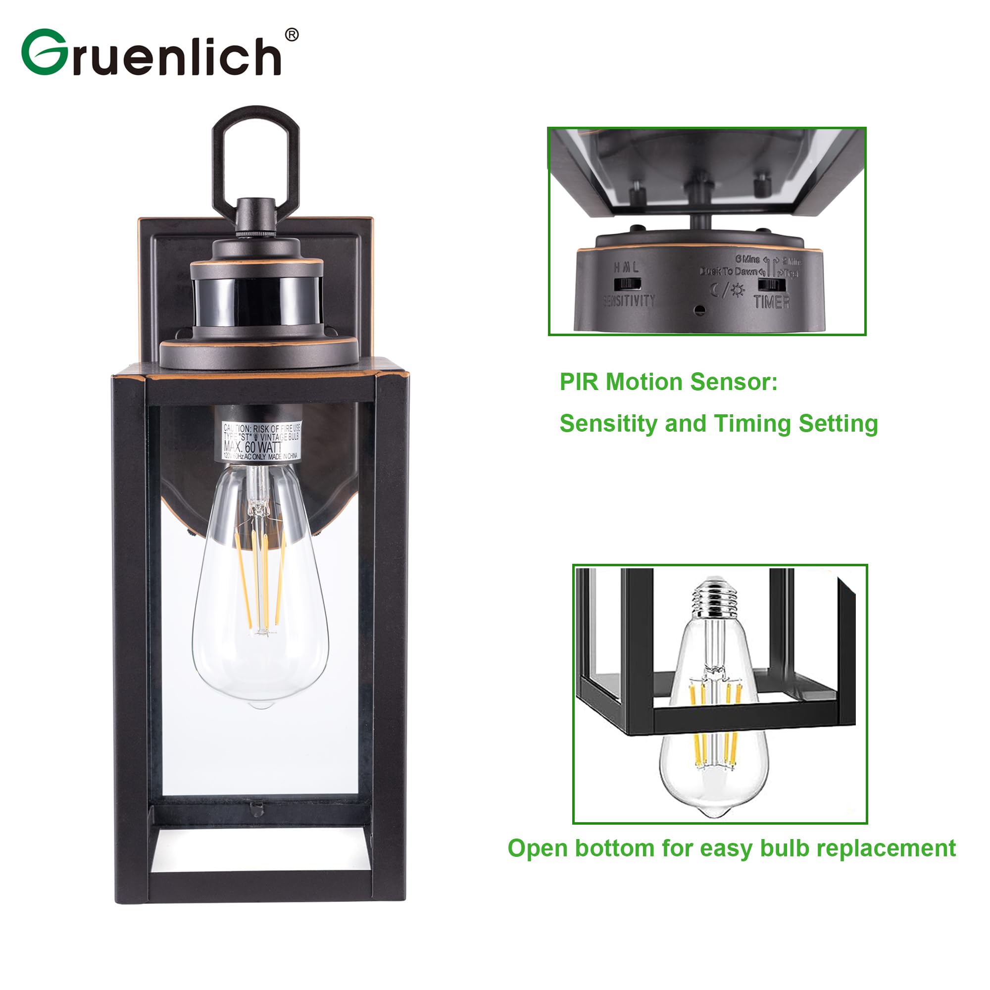 GRUENLICH Dusk to Dawn Outdoor Wall Lantern, PIR Motion Sensor, E26 Max 60W, Metal Housing, Oil-Rubbed Bronze, 2-Pack, Model GR-WL