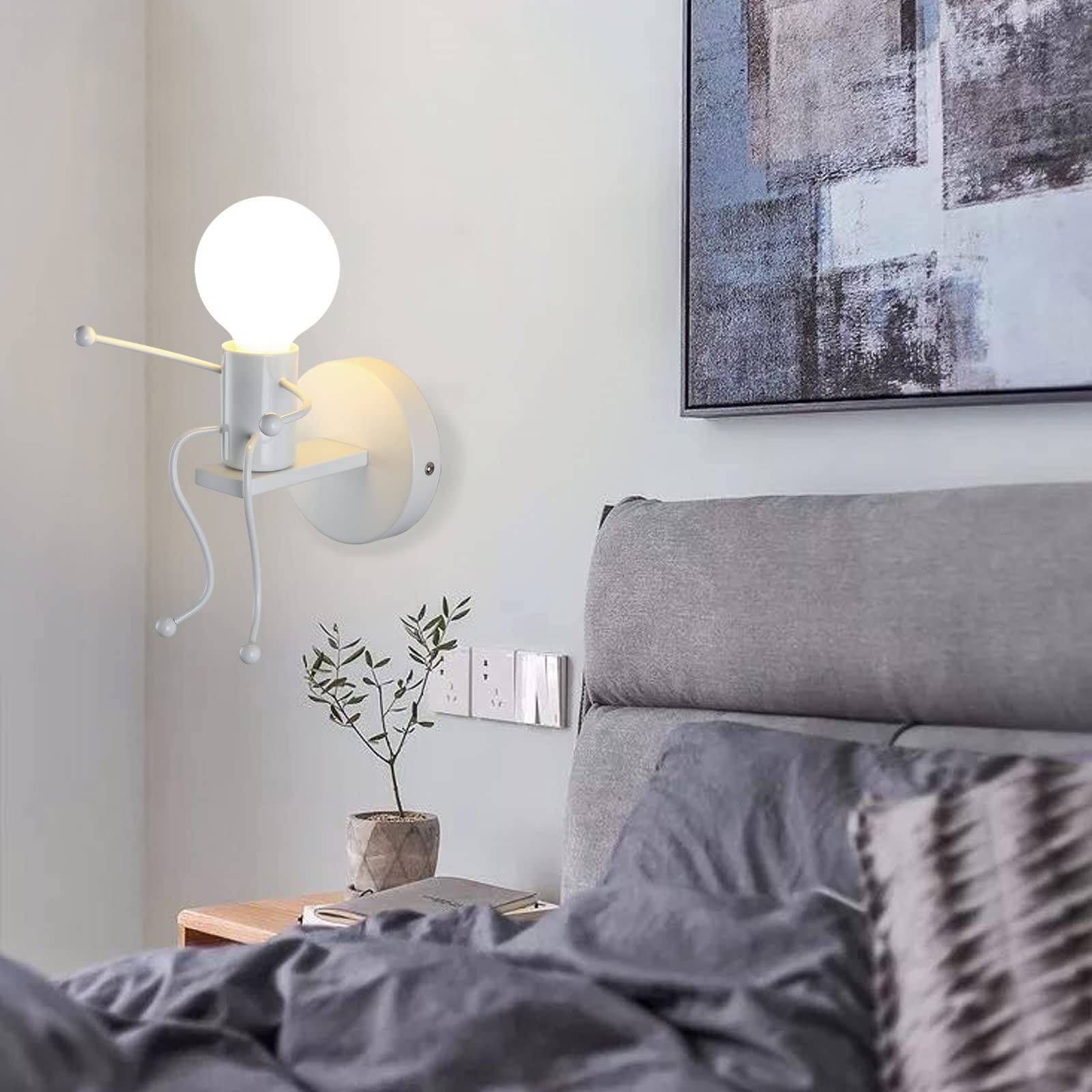SOUTHPO Mini Wall Light Fixture, Metal Iron, White, E26 Base, Creative Little People Design, Indoor Decoration, Single Size