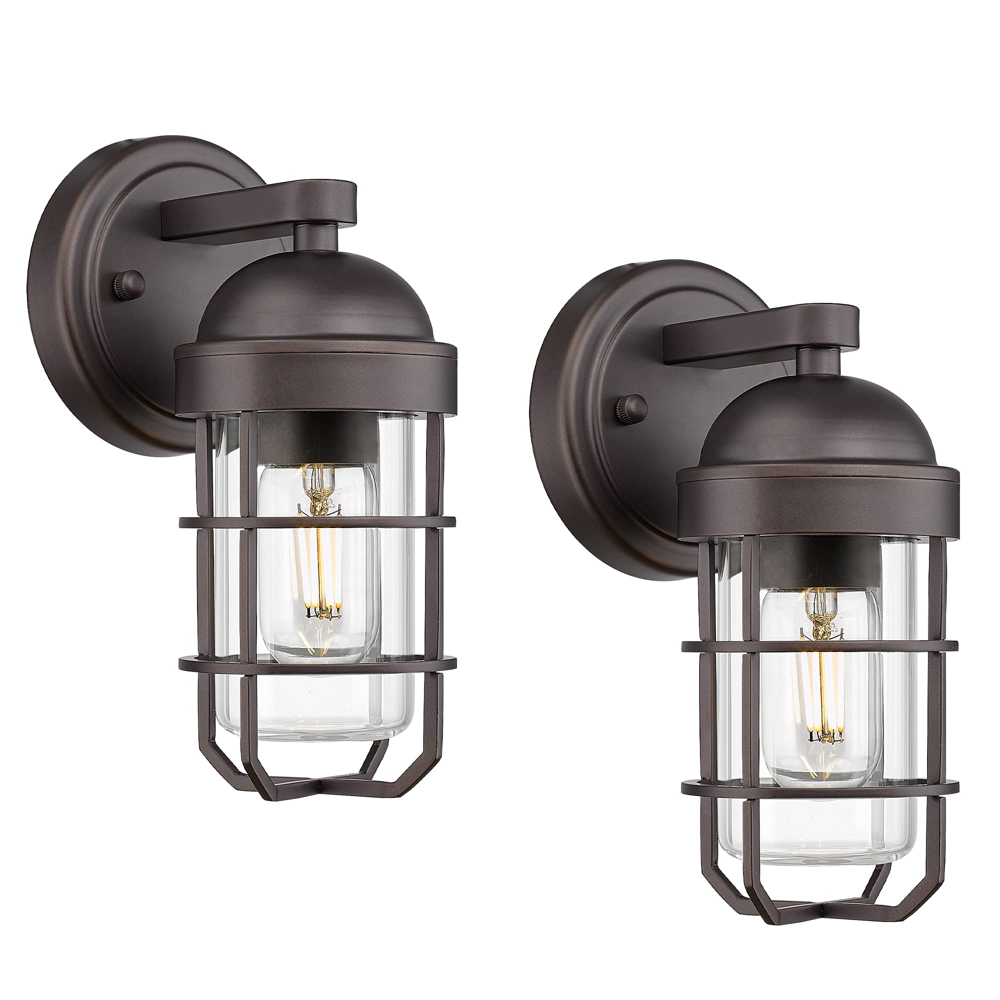 Emliviar Farmhouse Outdoor Wall Sconces, 2 Pack Vintage Exterior Light Fixtures With Nautical Metal Cage And Tempered Glass, Oil