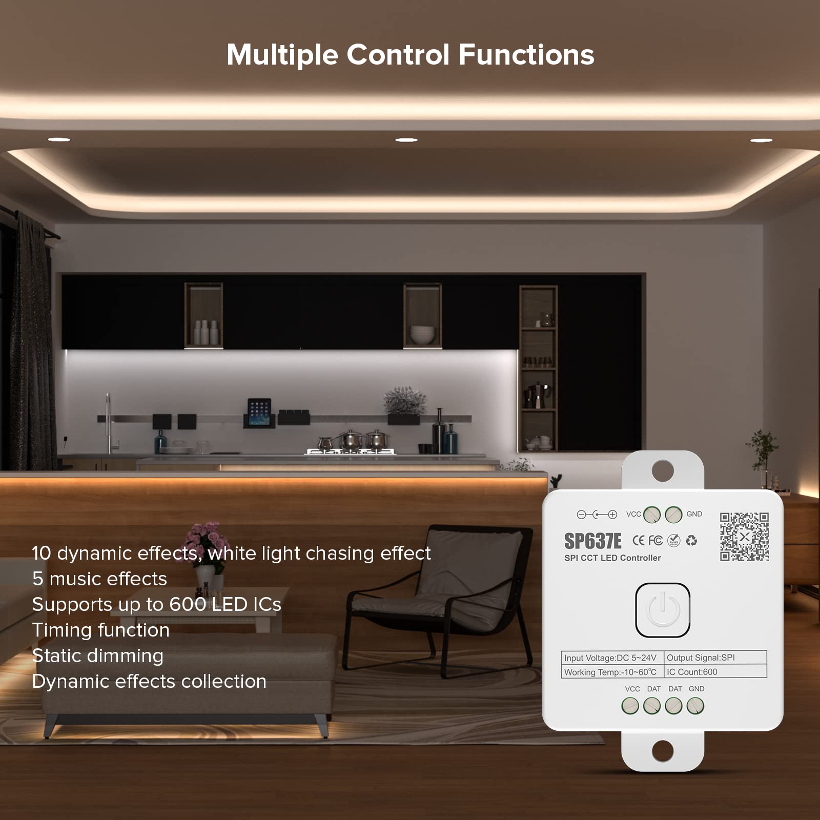 SEZO Bluetooth SPI LED Controller for CCT IC LED Strip, Model M1SP637E, Dynamic White Light Effect, DC5V-24V, White