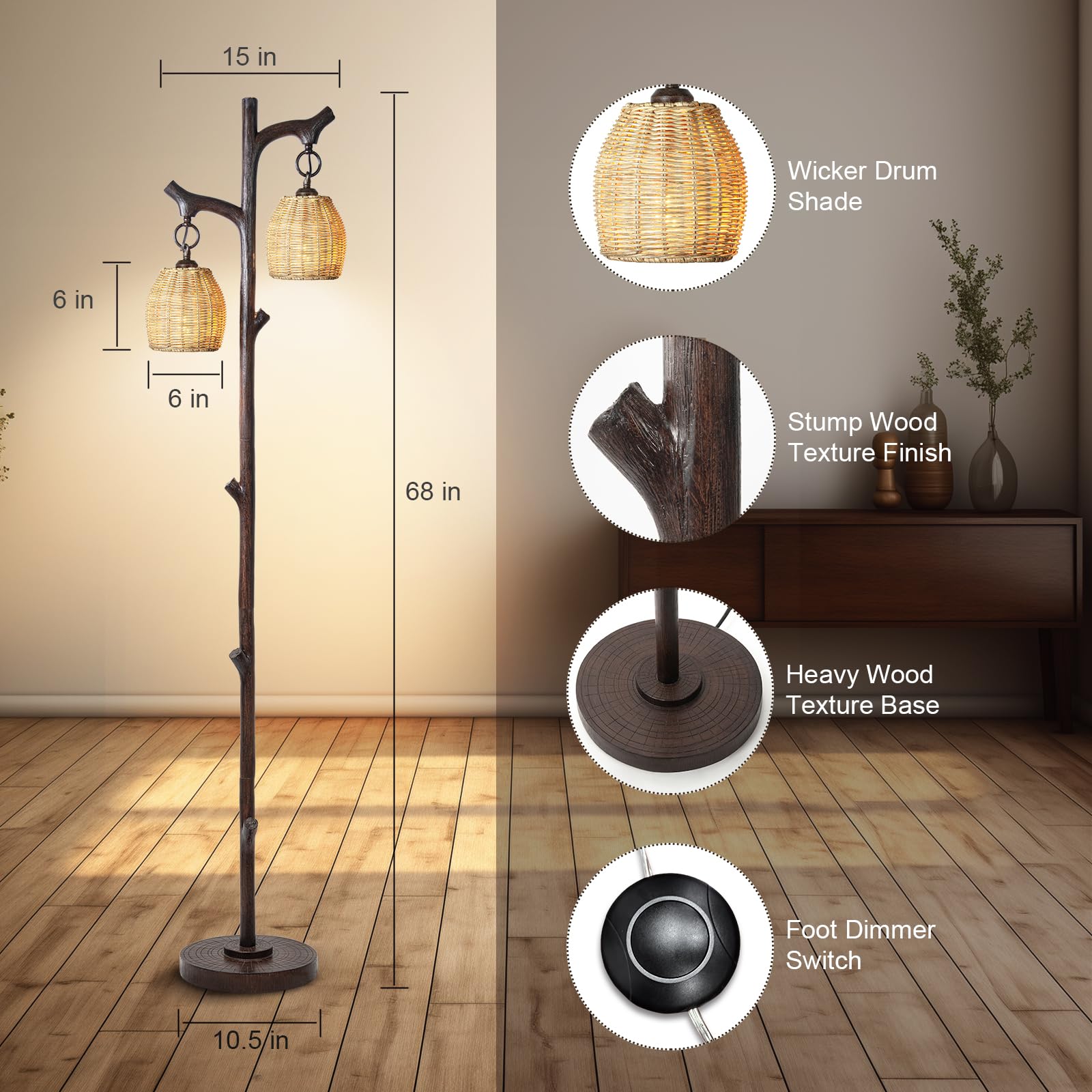 68'' High Farmhouse Rustic Country Cottage Floor Lamp Tree Trunk Faux Wood Column Dark Bronze Wicker Drum Shade Decor For Living