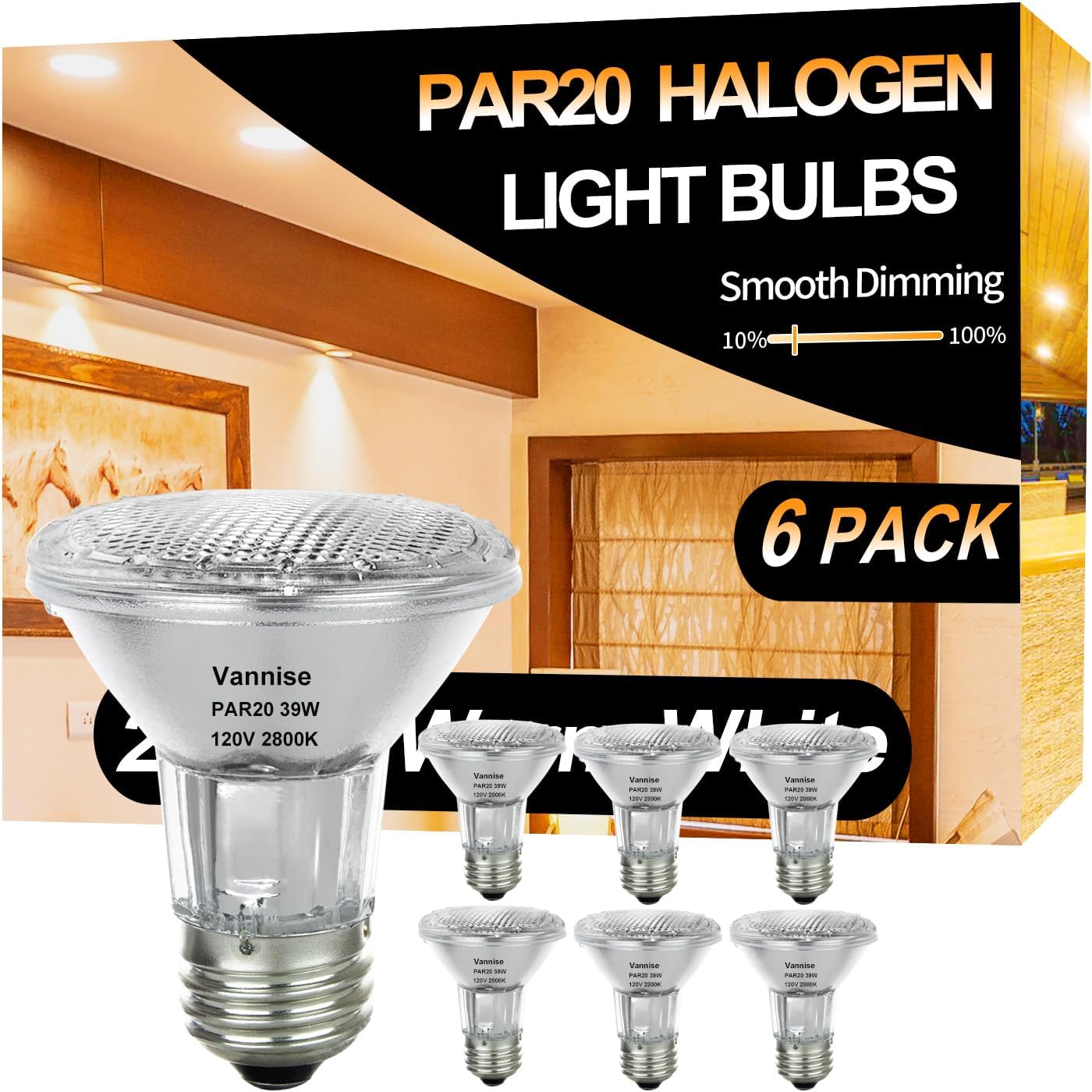 Vannise Par20 Flood 39W 120V 480 Lumens, 6Pcs High Output Par20 Halogen Light Bulb Warm White 2800K, 39W Par 20 Dimmable With E2
