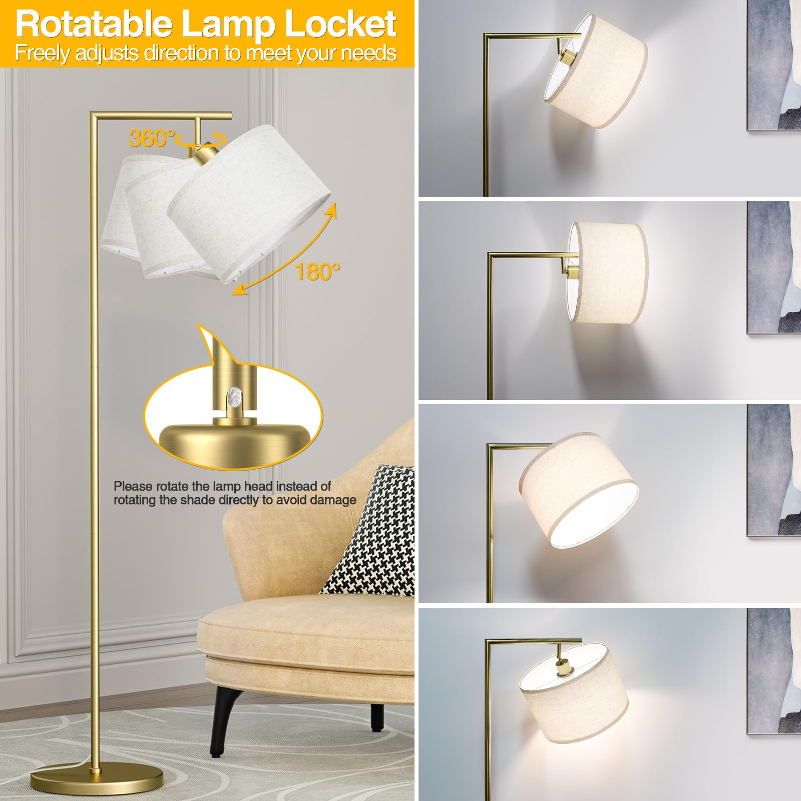 CNXIN Floor Lamp - 3 Color Temperatures, Adjustable Beige Linen Shade, Large Gold Metal, Model CN-FL103A-GD-1, 9W LED Bulb Included