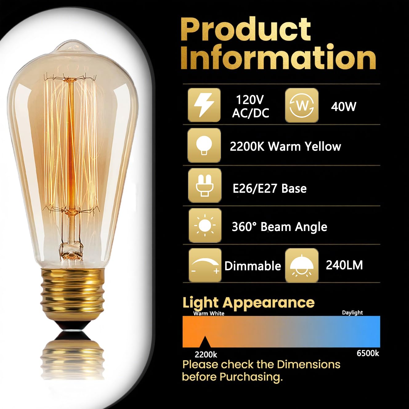 Kellarosses ST64 Edison Bulbs 40W 6-Pack, Dimmable, 2200K Warm Amber, E26/E27 Dual Base, Glass, 2500Hrs