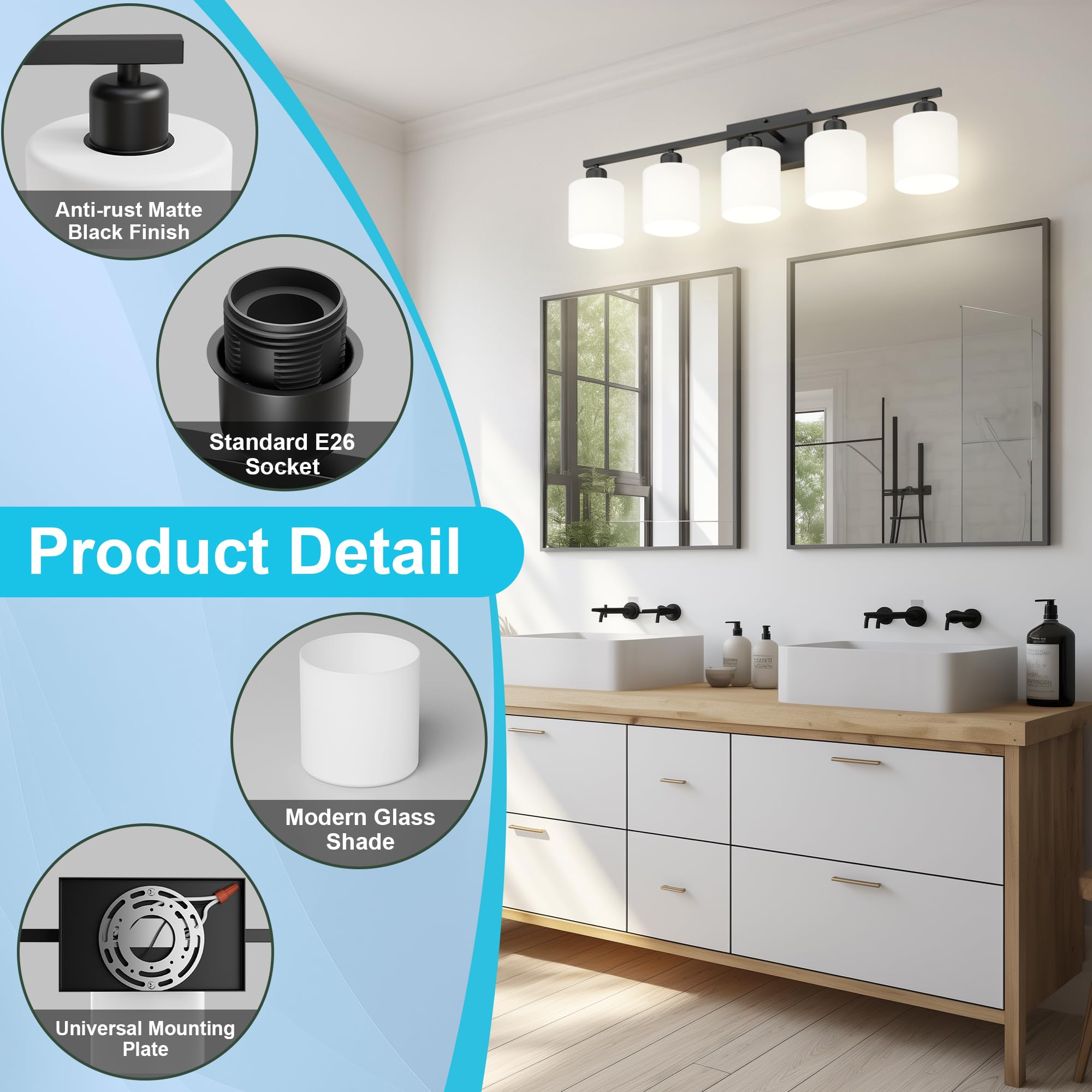 Dekang Bathroom Black Lighting Fixtures Over Mirror, Anti-Rust 5-Light Bathroom Vanity Lights,Milky White Glass Shades