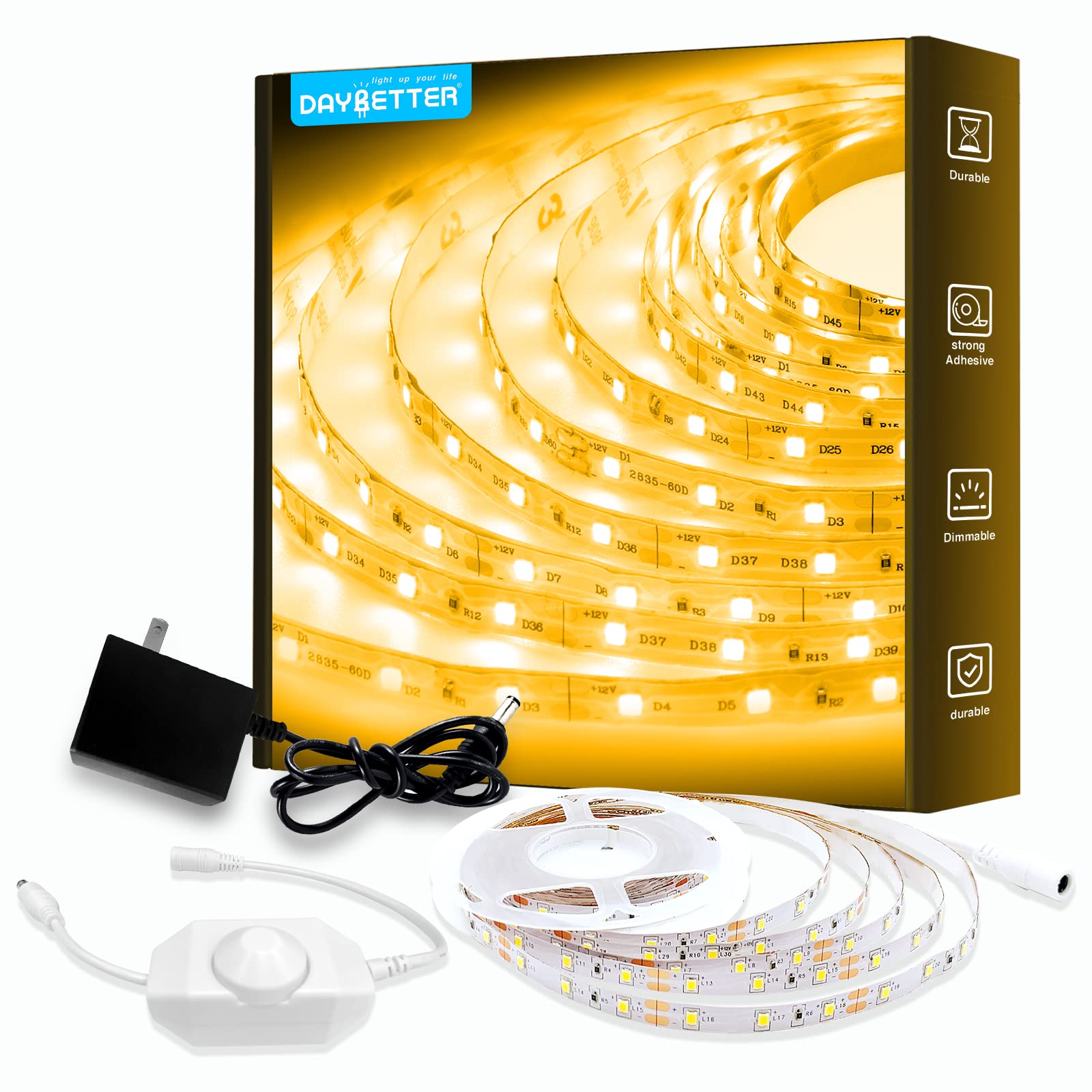 DAYBETTER Warm White LED Strip Light,16.4 ft Dimmable Bright Rope Light,3000K 12V LED Light Strip,Super Bright LED Tape Lights f