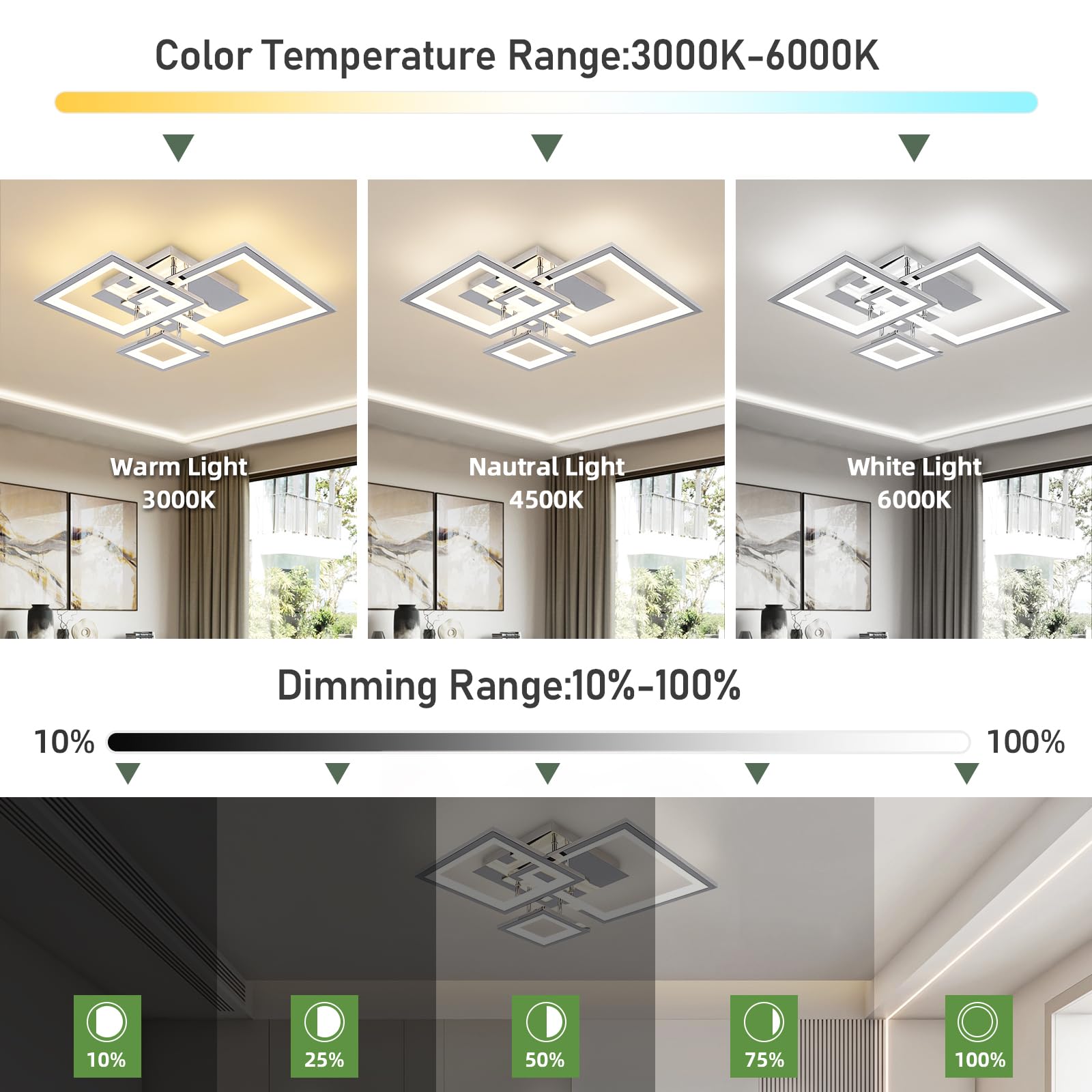 Hlilceh Modern Chrome Led Ceiling Light 3-Square Design 3000K-6500K Dimmable Led Ceiling Light With Remote 33W Acrylic Ceiling L
