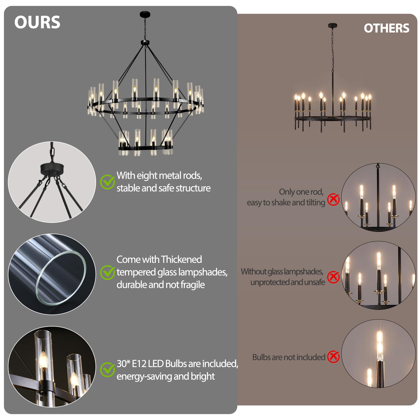 Varttyal 60 Inch Black Wagon Wheel Chandelier, 2 Tier Industrial Chandelier With Glass Shade, 30-Light Large Round Chandelier, F