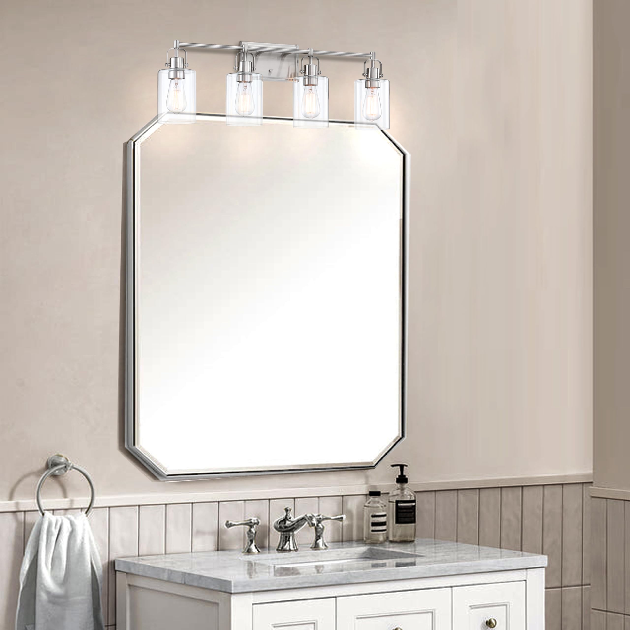 Faymart Brushed Nickel 4-Light Bathroom Vanity Light Fixture Over Mirror, Glass and Metal
