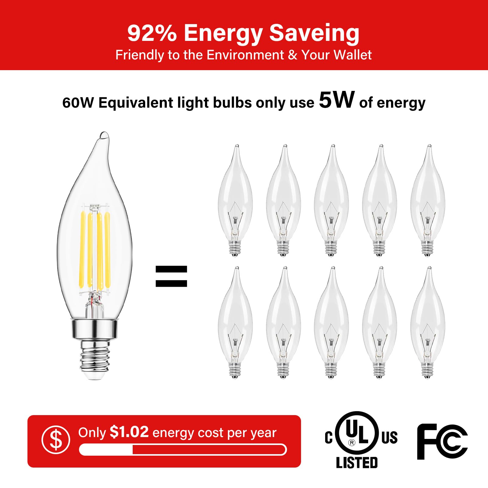 Sengled Candelabra Light Bulbs,Dimmable 2700K Soft White E12 Chandelier Bulbs,60 Watt Equivalent 450 Lumens Warm White Ca10 Fila