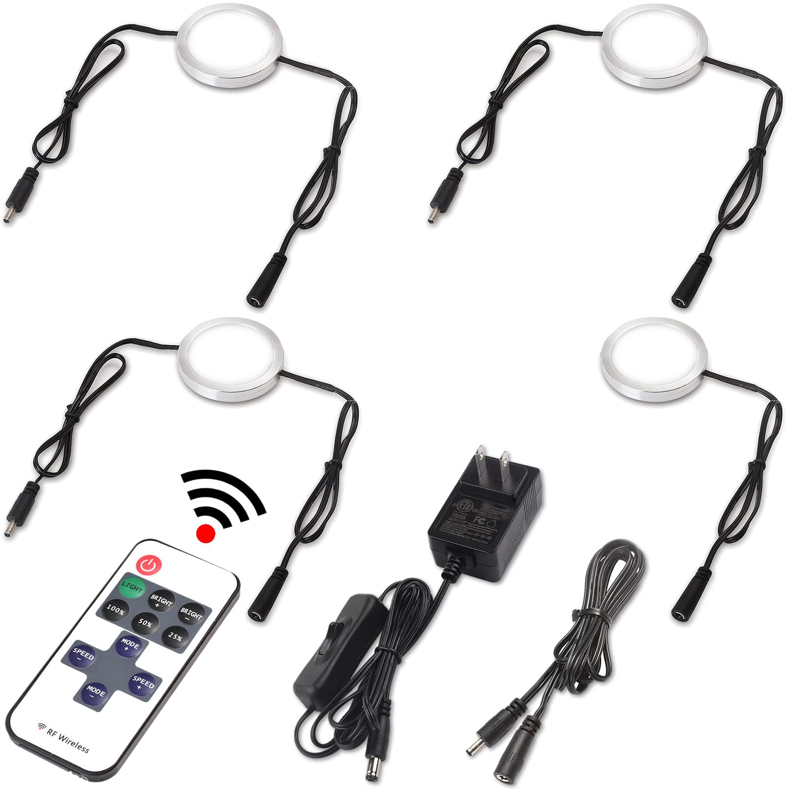 Lvyinyin Kitchen Under Cabinet Lights Kit, Display Cases Lighting, 120 Volt Electric Wired LED Puck, RF Remote Control Dimmable,