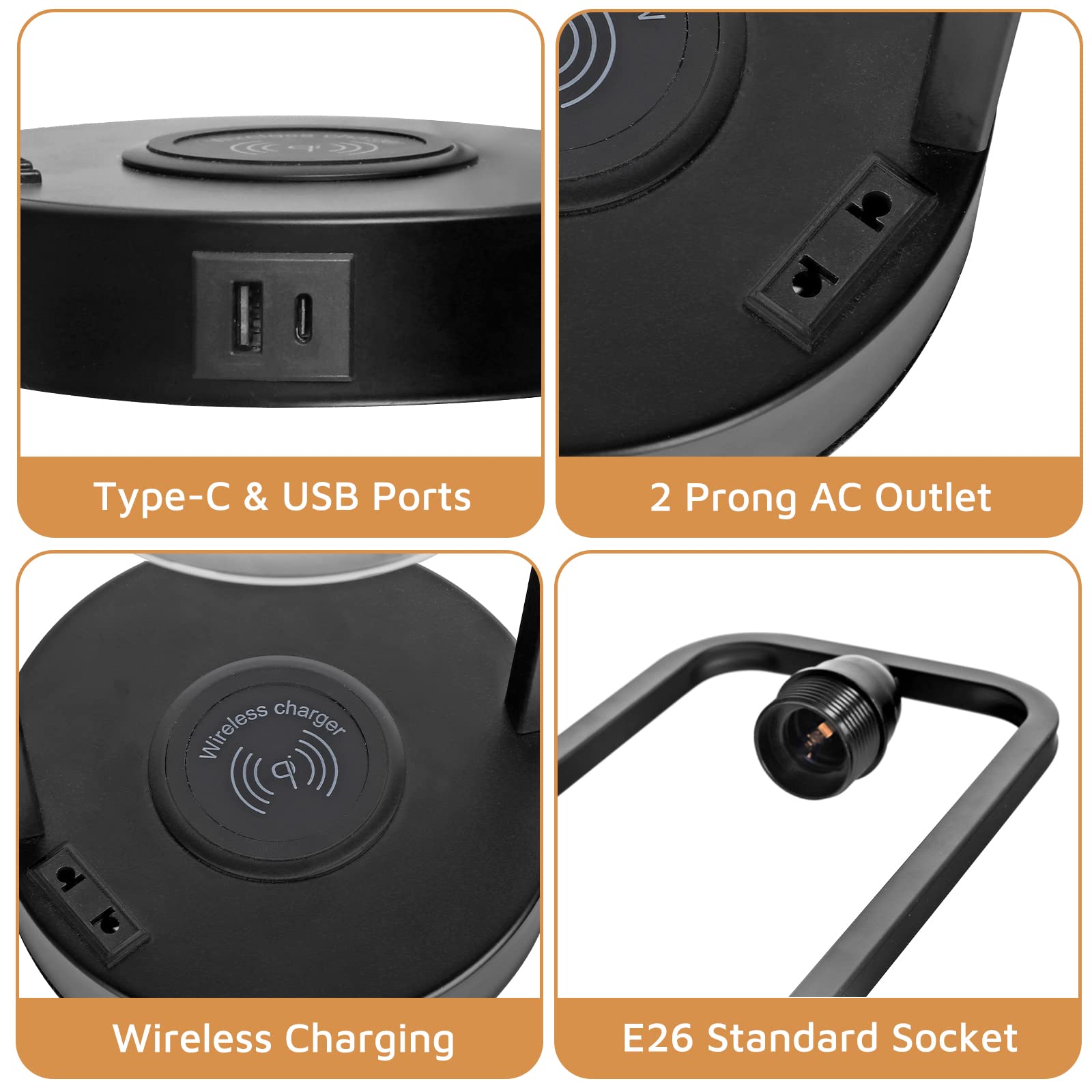 Wireless Charging Table Lamp For Bedroom Set Of 2, Touch Control Dimmable With Type C Usb Ports & Ac Outlet Bedside Nightstand Lamp, Glass Shade Industrial Desk Lamp For Home Office, Bulbs Included