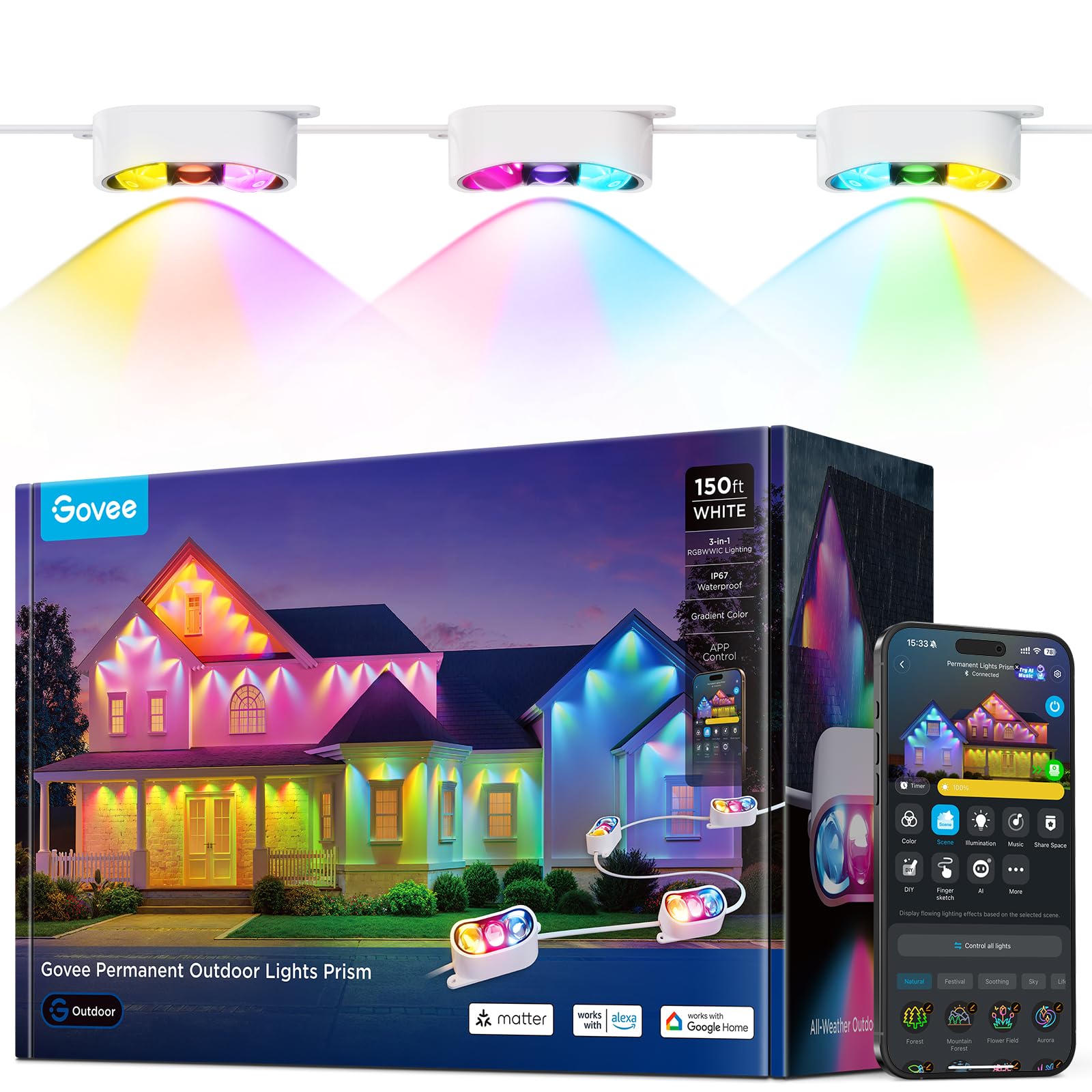 Govee 150ft Permanent Outdoor Lights, IP68 Waterproof, 54 Triple