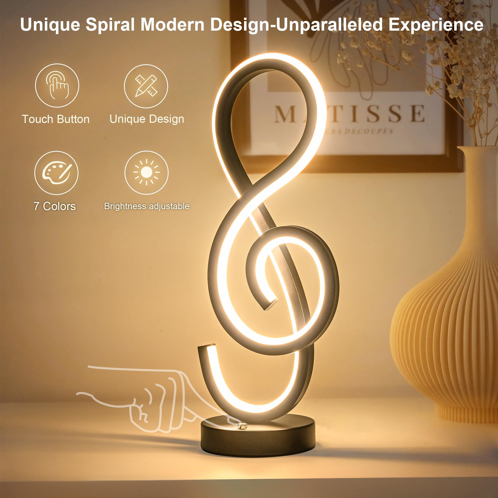 Adebime Rgb Modern Table Lamp, Led Spiral Nightstand Lamp With Music Note Design, 7 Colors & 10 Light Modes, Touch Dimmable Beds