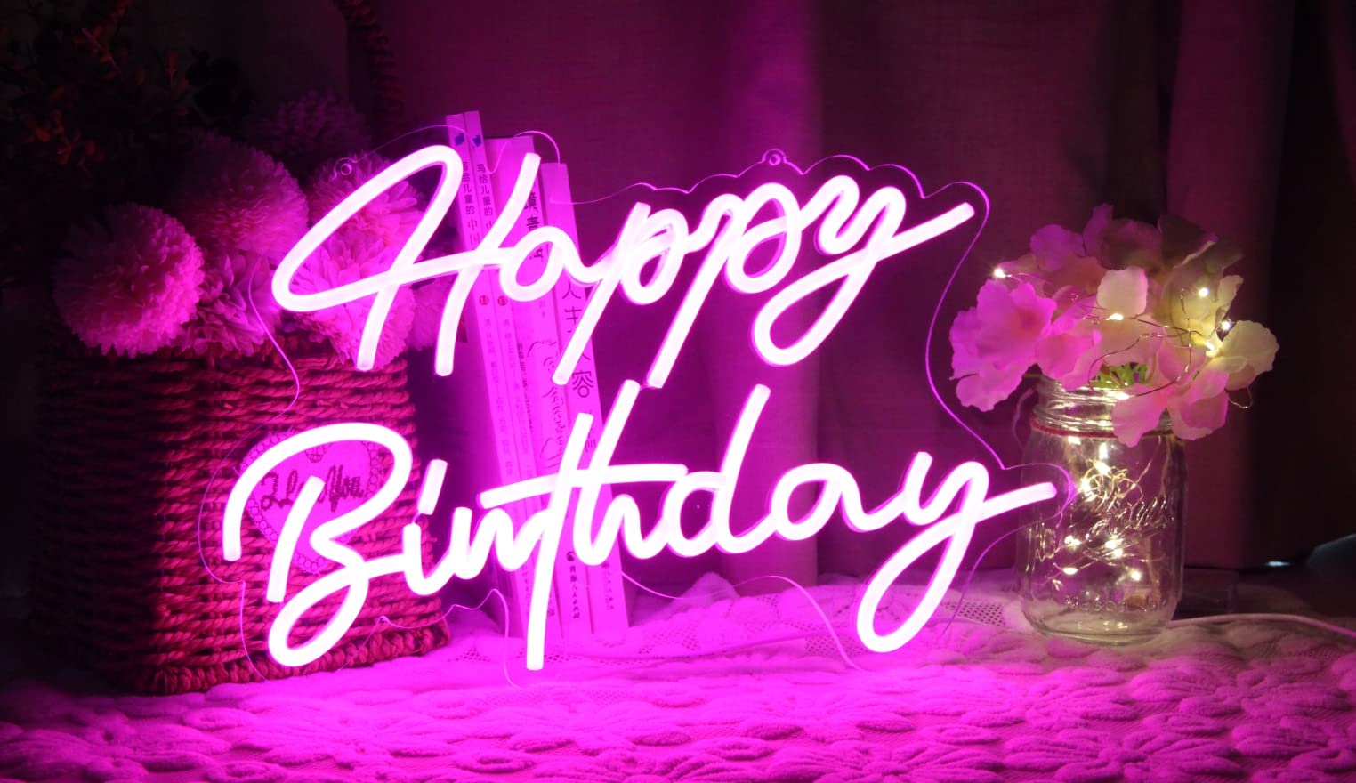 Ulalaza LED Neon Sign Night Light - Happy Birthday Apink, Acrylic, 16.5inx9.1in, USB Chain Light for Home, Party, Wedding Decor