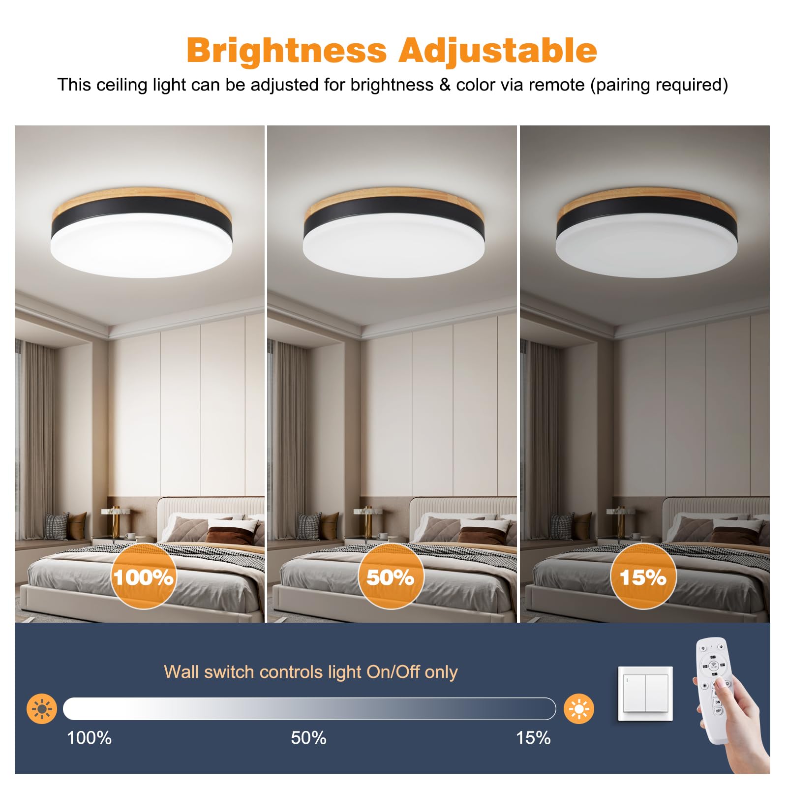 Airseafar Modern Wood LED Ceiling Light, Dimmable 11.8in, 24W, 3000K-6000K Adjustable Color, Black, Model Black2025061812