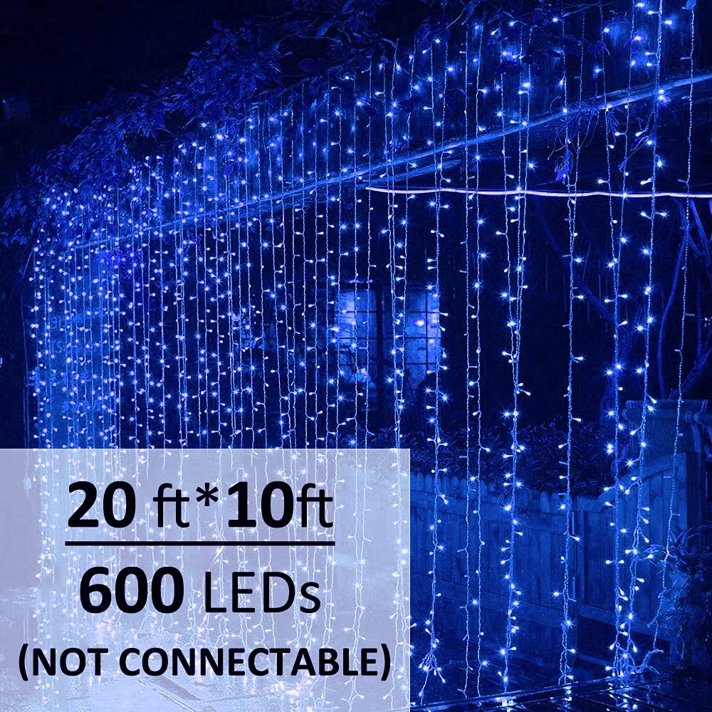 Solhice LED Curtain Lights, Blue, 20ft x 10ft, 600 LEDs, Indoor/Outdoor Twinkle String Lights for Wedding & Decor, Model BD-600-C-W-B