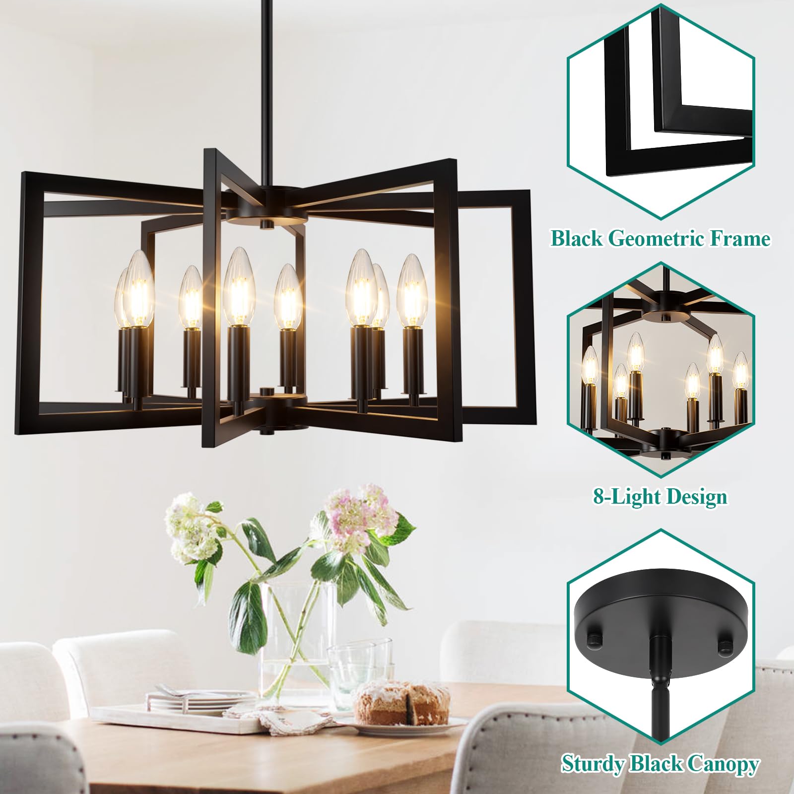 Bairth 8-Light Black Metal Chandelier - Modern Farmhouse Fixture for Dining Room, Foyer, Kitchen (Model D3202-08-BK)