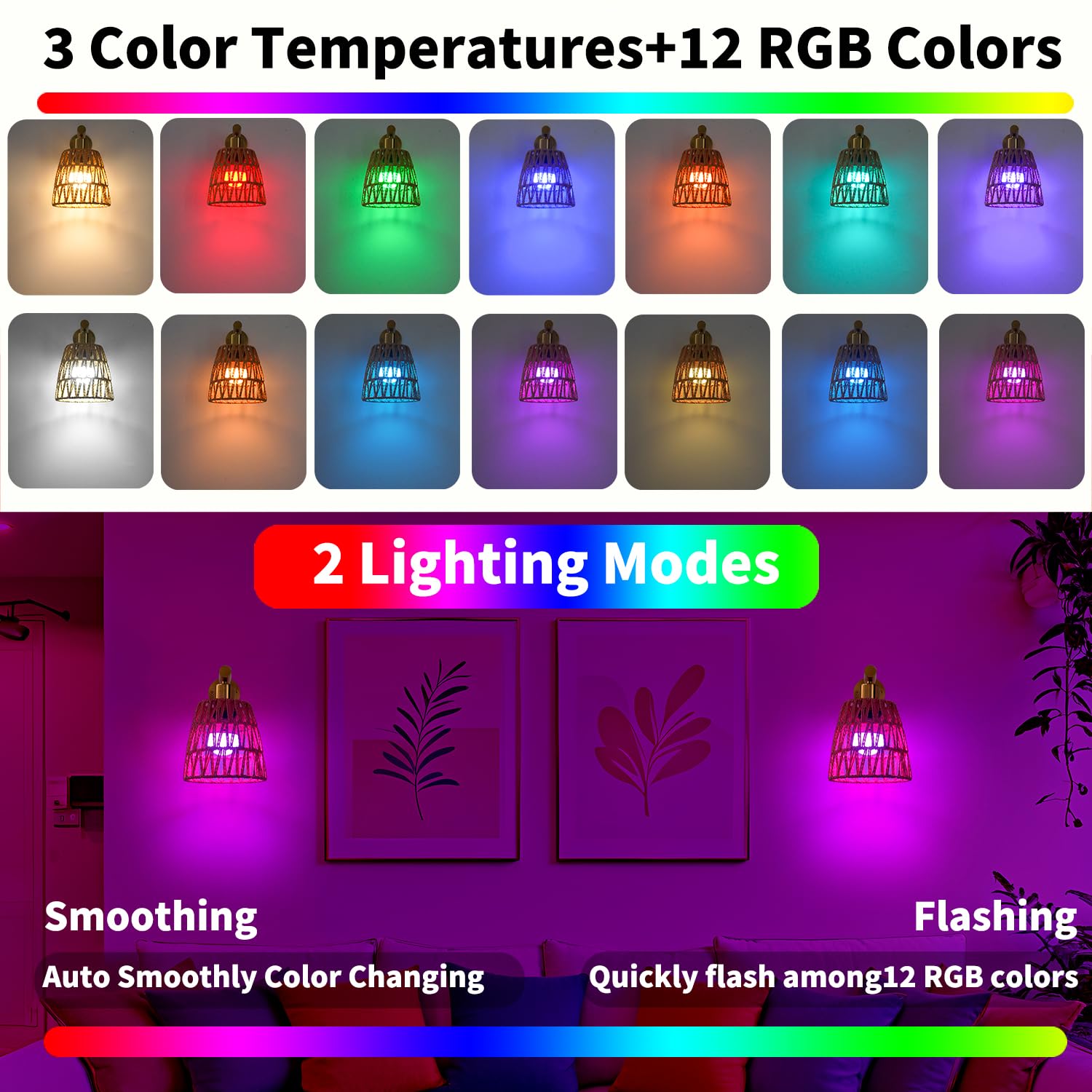OIYIO Battery Operated Wall Sconce Set of 2, USB Rechargeable, Dimmable Bulbs, RGB Colors, Gold, Model DX23067W1-BS-2