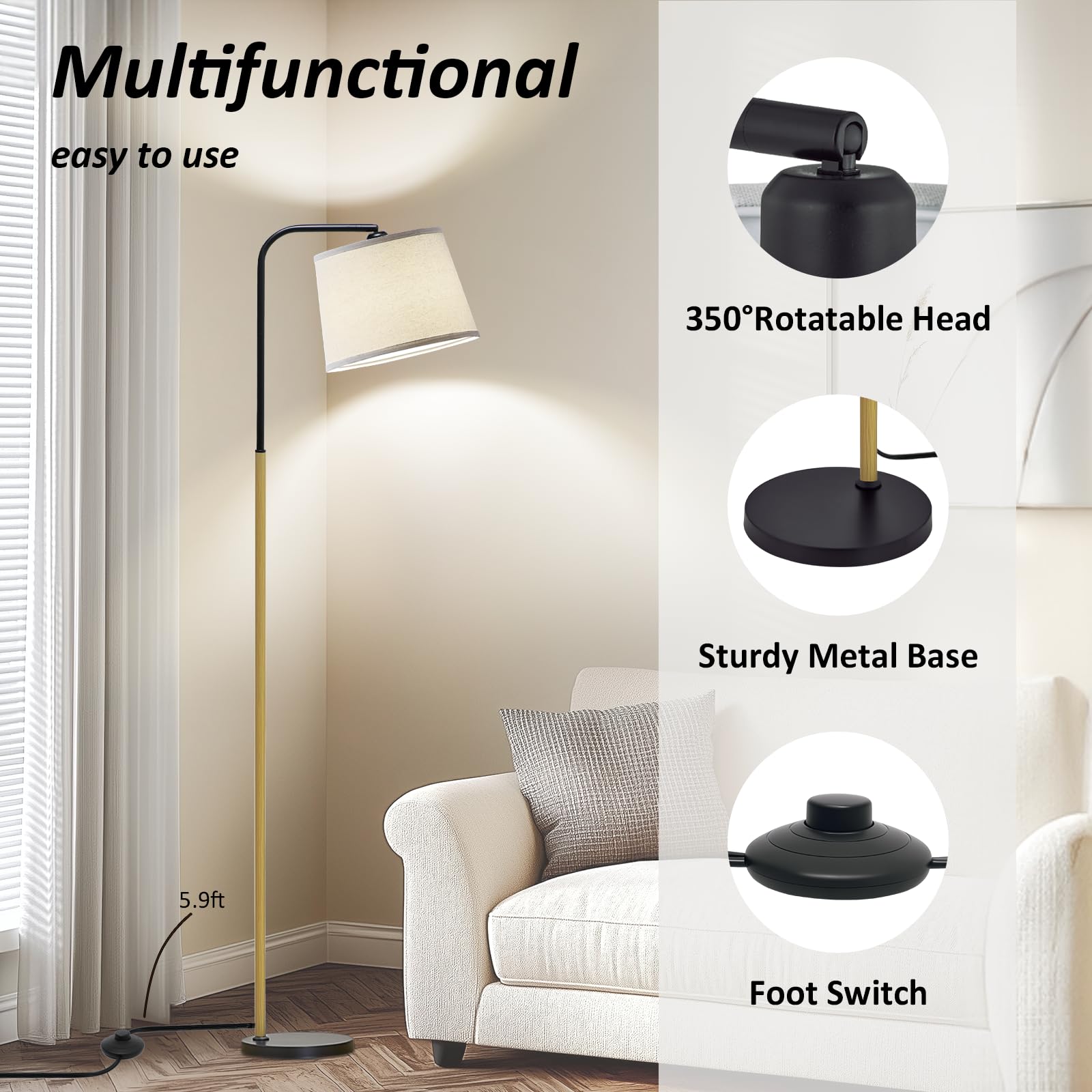 AKASUKI Floor Lamp with 3 Color Temperatures, 9W LED Bulb, Wooden Base, Cream Shade, Model LT-1125