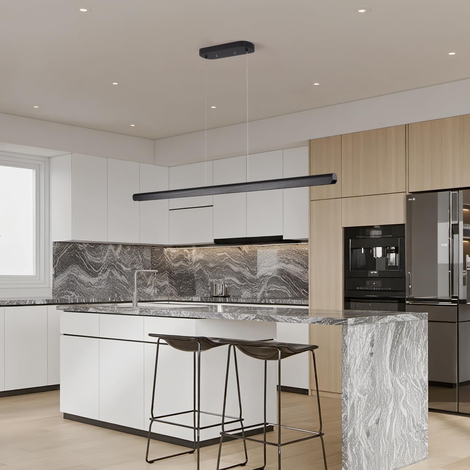 Yisdesign 55Inch Wood Led Linear Pendant Light  Dimmable Wood Ceiling Lamp Minimalist Linear Chandelier  40W Warm Light 3000K  Modern Kitchen Island Dining Room Lighting Black Adjustable Height