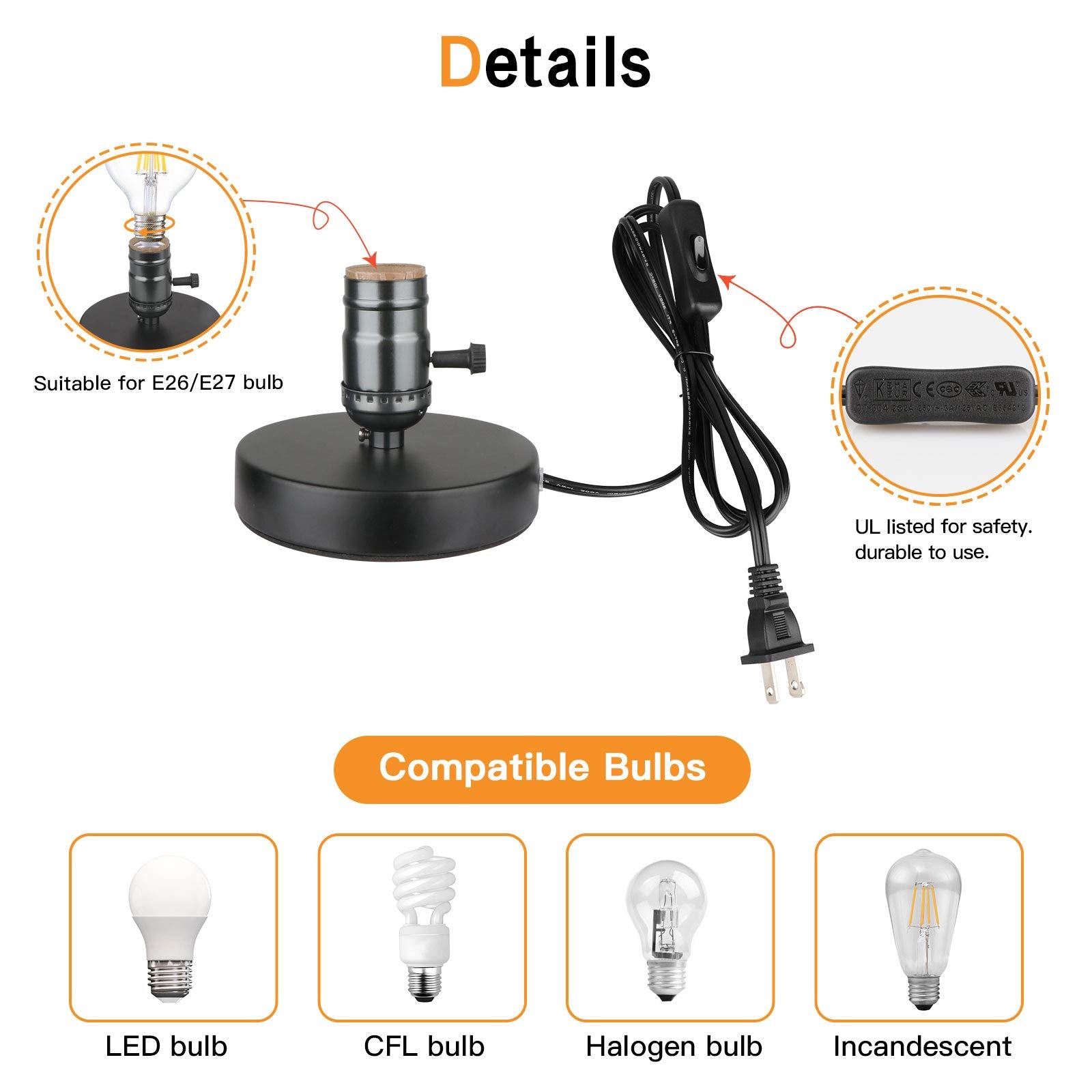 Zevnico Vintage Table Lamp Base Only Without Shade, Mini Basic Edison Exposed Light Bulb Stand, E26 E27 Short Edison Desk Lamps