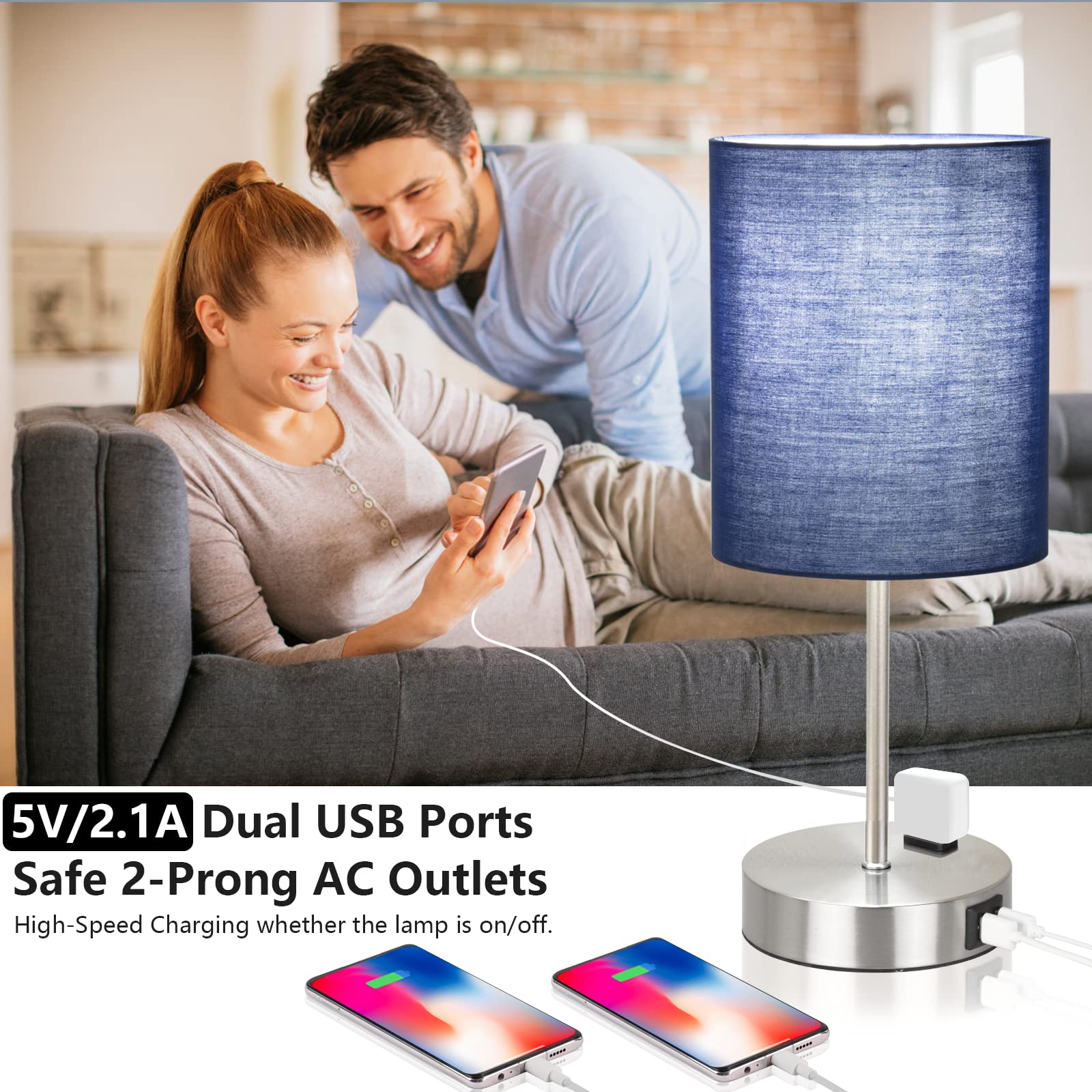 ShineTech Touch Control Bedside Table Lamp Set of 2, 3-Way Dimmable, USB Ports, Blue, Metal, Model JYT-01471-TL-BLUE-
