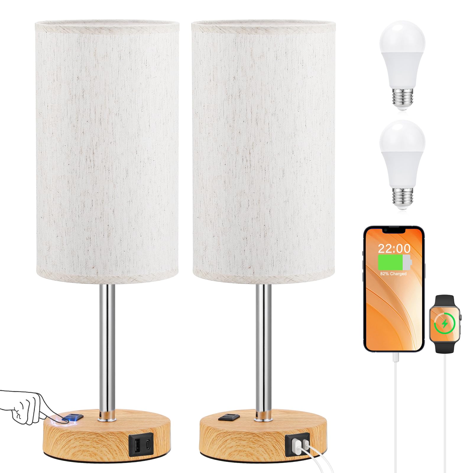17.4Inches Tall Touch Bedside Table Lamps Set - 3 Way Dimmable Bedroom Lamp With Usb C Ports, Small Desk Lamps For Nightstand Wi