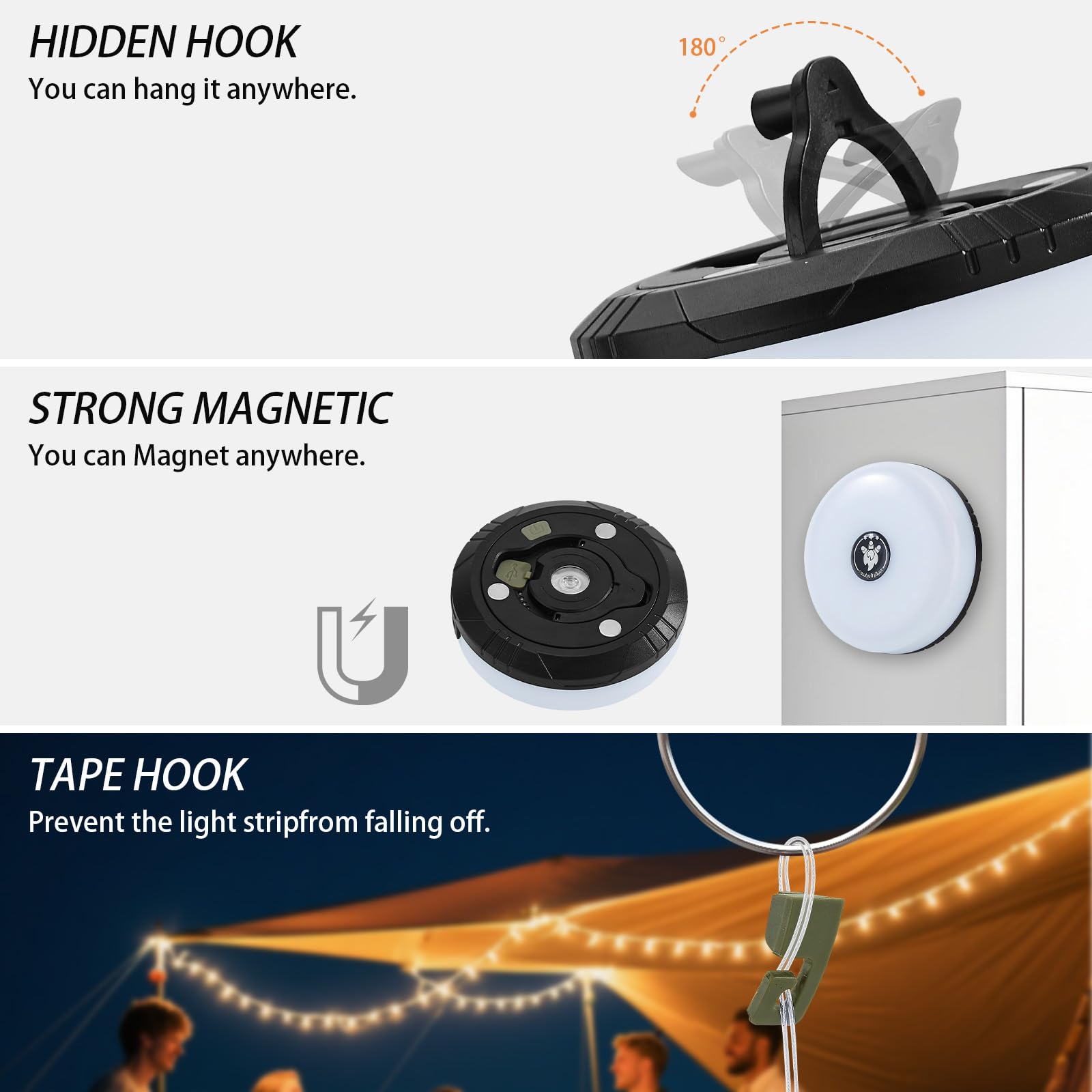 MDCMLKS Camping String Lights, 4 in 1 Portable Light, 32.8FT Waterproof, USB Rechargeable, 8 Lighting Modes, Black, Model CSL-1