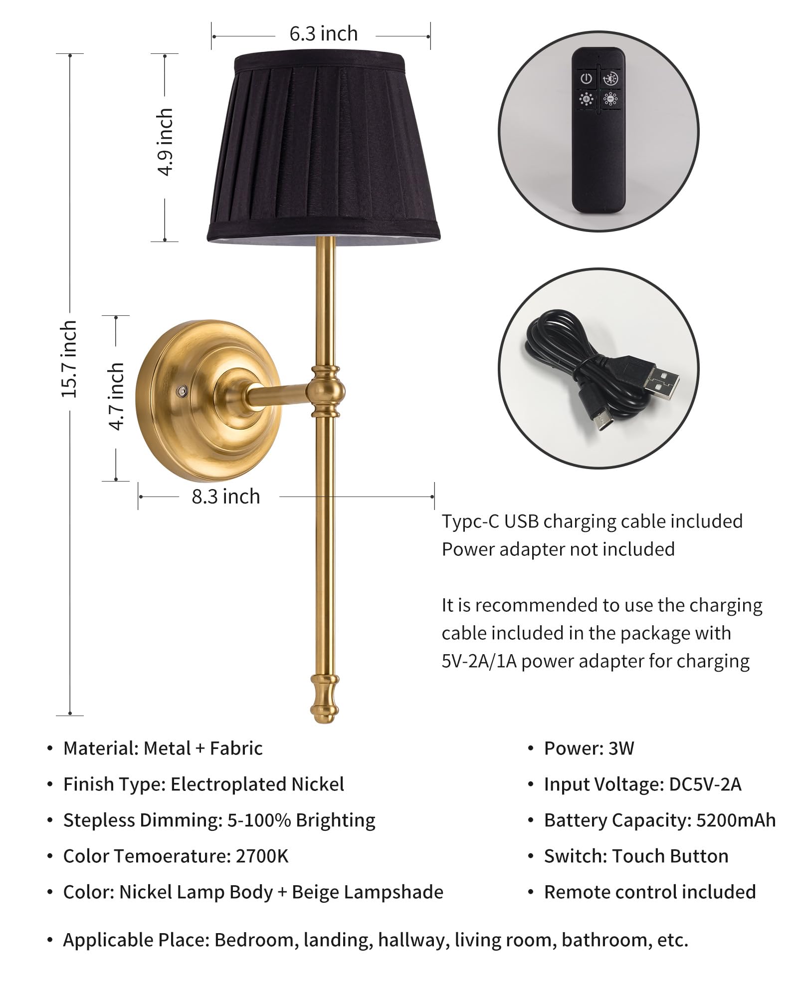 KDG Cordless Wall Sconces Set of 2 - Rechargeable Fabric LED Lamps, Black & Gold, Model AMZ-TBL-034, Perfect for Living Room & Bedroom