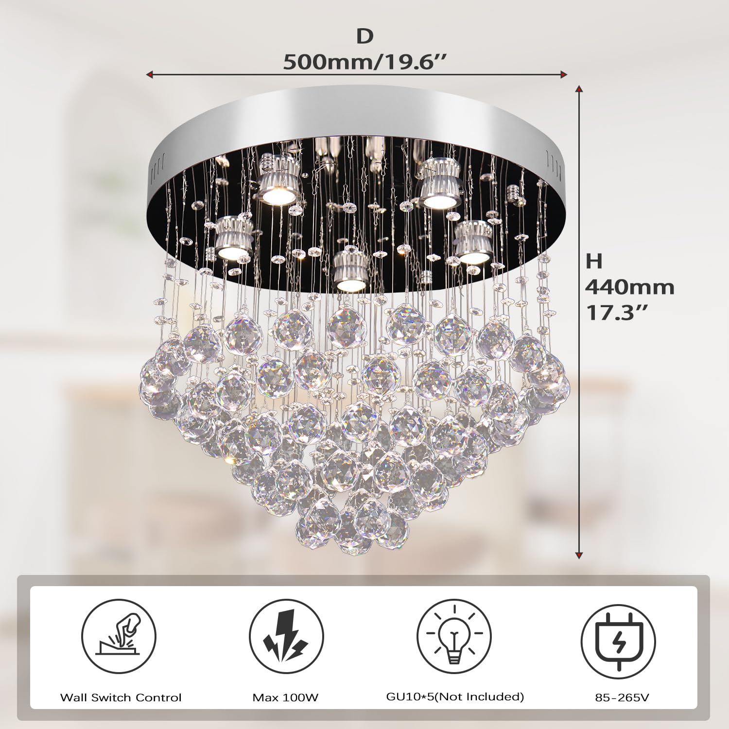 Finktonglan Modern Crystal Led Chandelier 19.6&quot; Stainless Steel Flush Mount For Bedroom & Dining Room