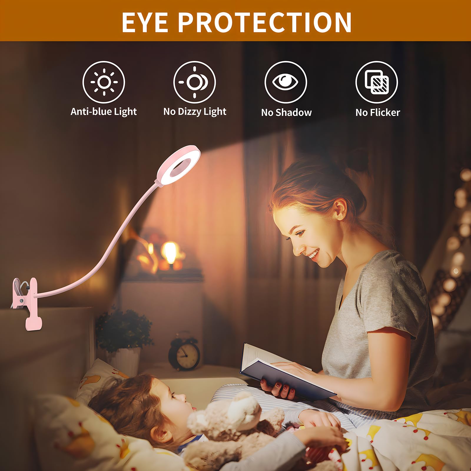 iZELL Desk Lamp LED Reading Light with Clamp, 3 Color Modes, 10 Brightness, 15.8in Pink, Flexible Gooseneck, Model TBL235-BK