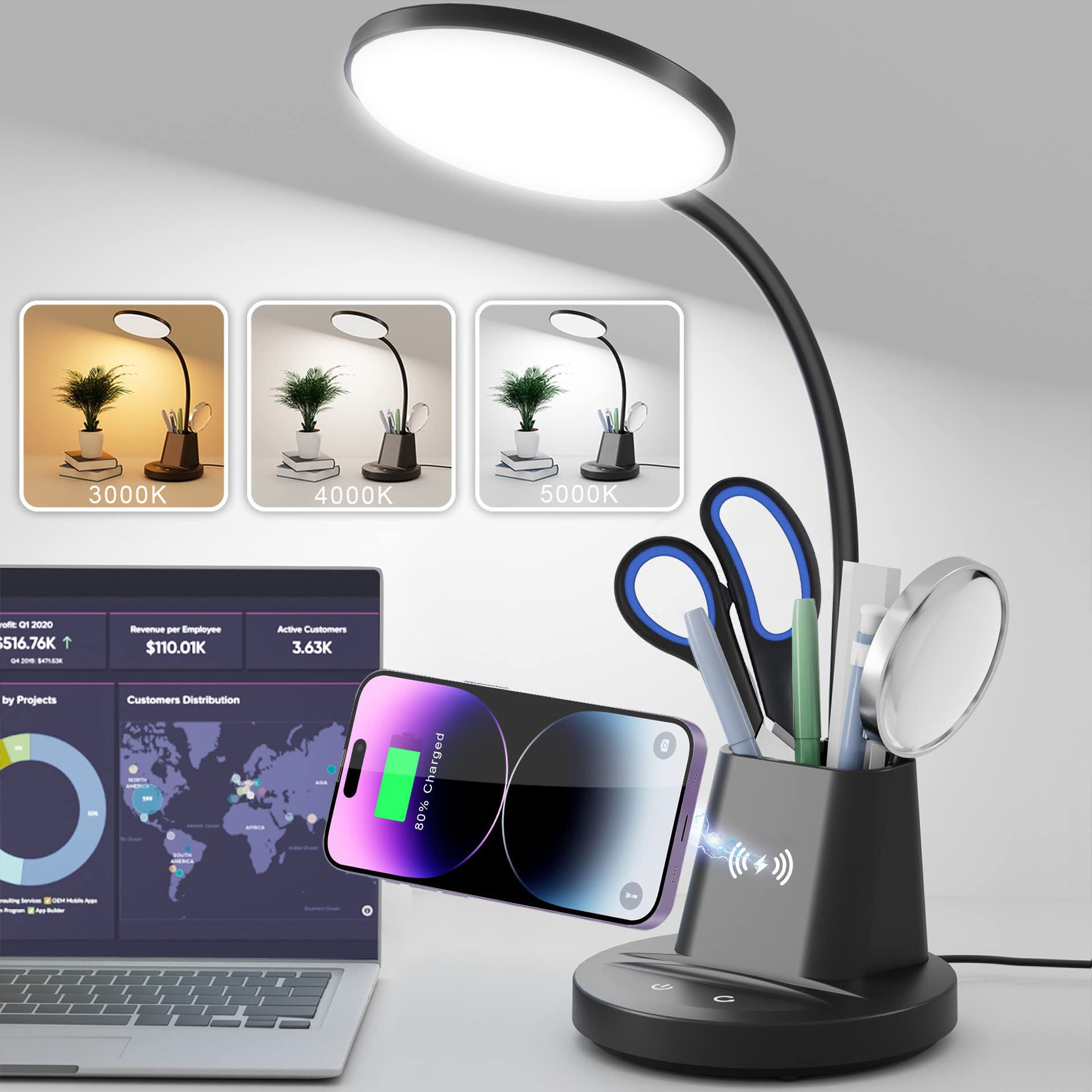 Sailstar Desk Lamp with Wireless Charger, Gooseneck, 800 Lumens, Dimmable Touch, Black, Model SA-DL-B-R