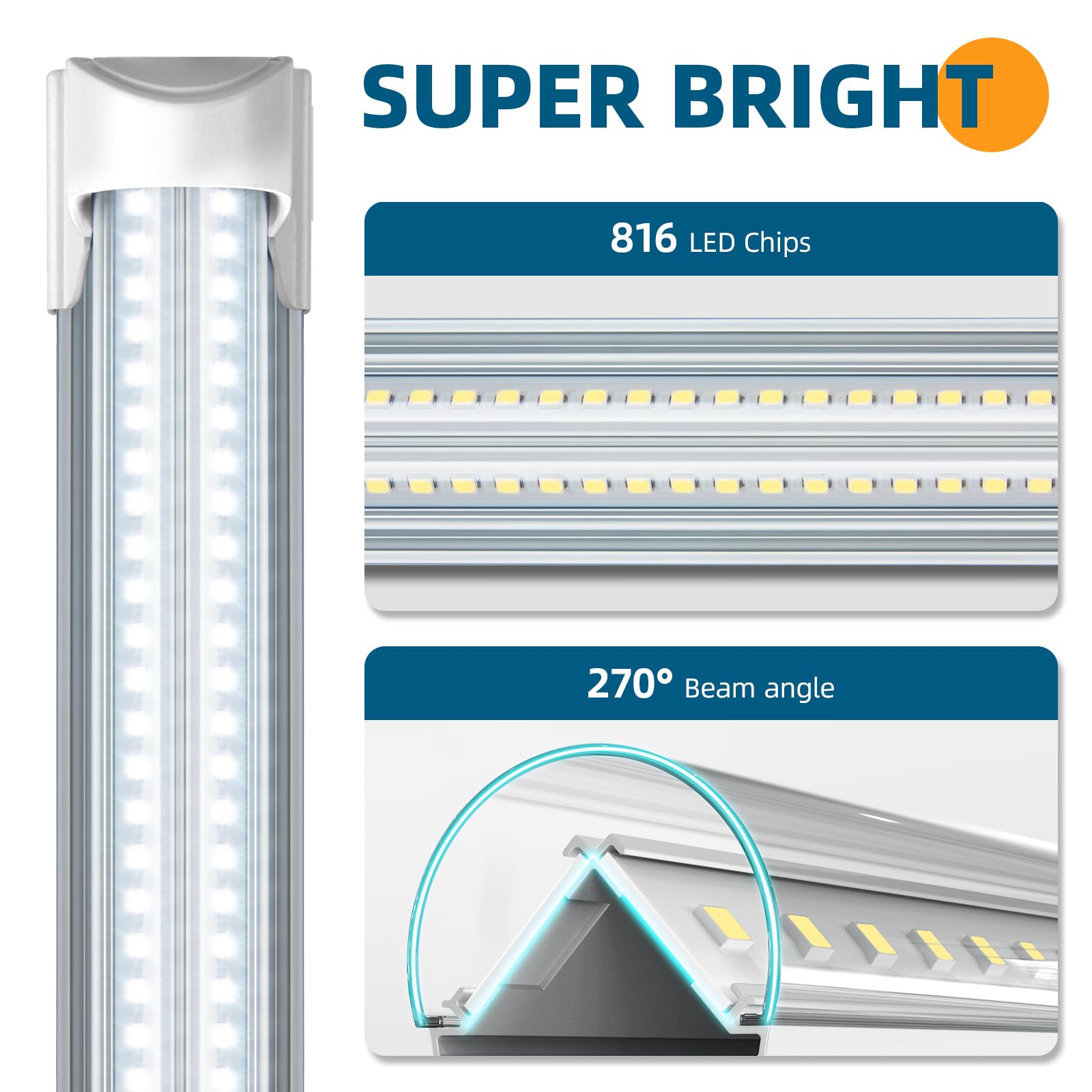 Barrina 8FT LED Shop Light, 100W, 15000LM, 6500K, Linkable V Shape, 10 Pack, ETL Listed, Aluminum Ceiling Fixture