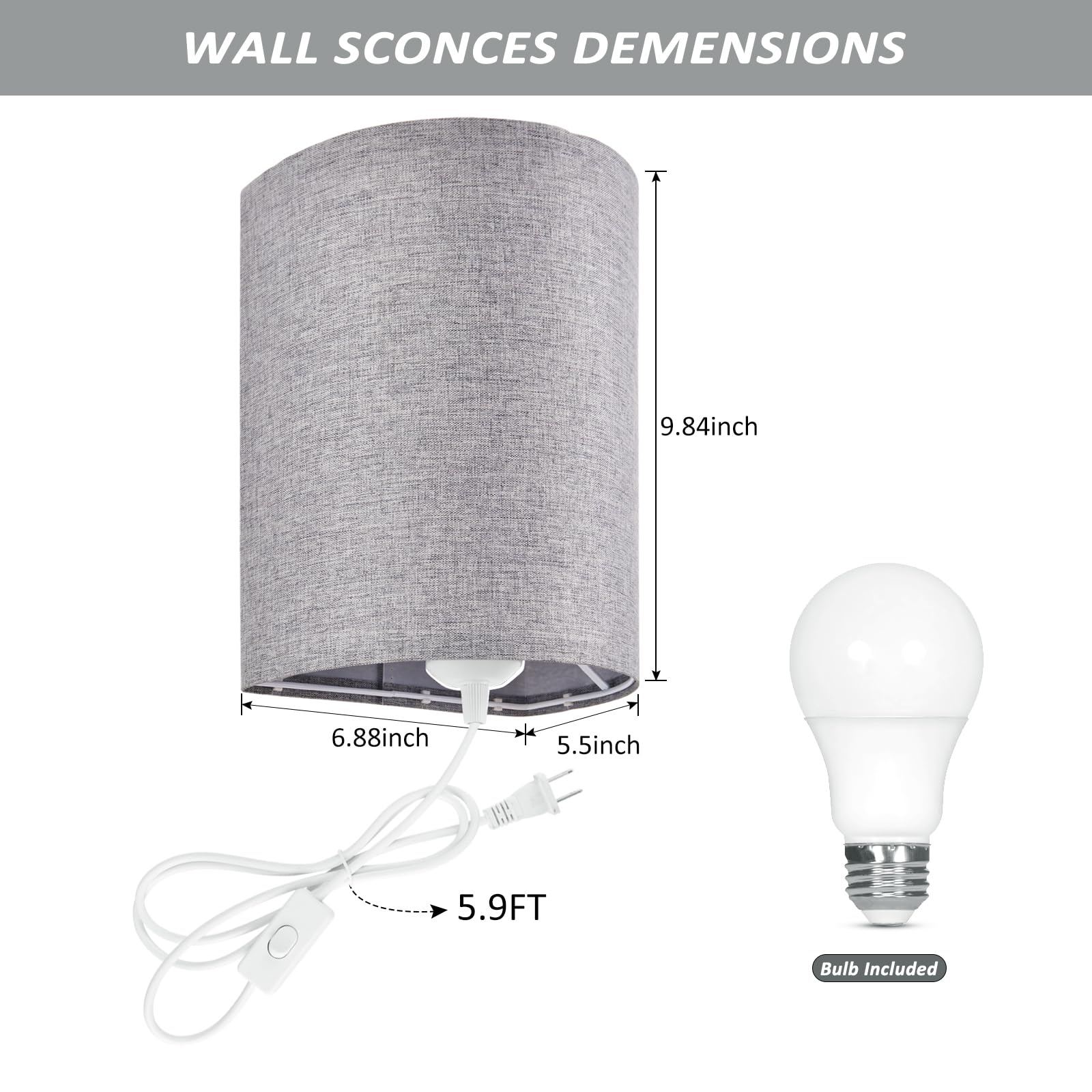 XIEYOR Wall Sconces Set of 2, Plug-in with On/Off Switch, 3-Color Options, Fabric Shades, Grey, Model: plugsconces-0608