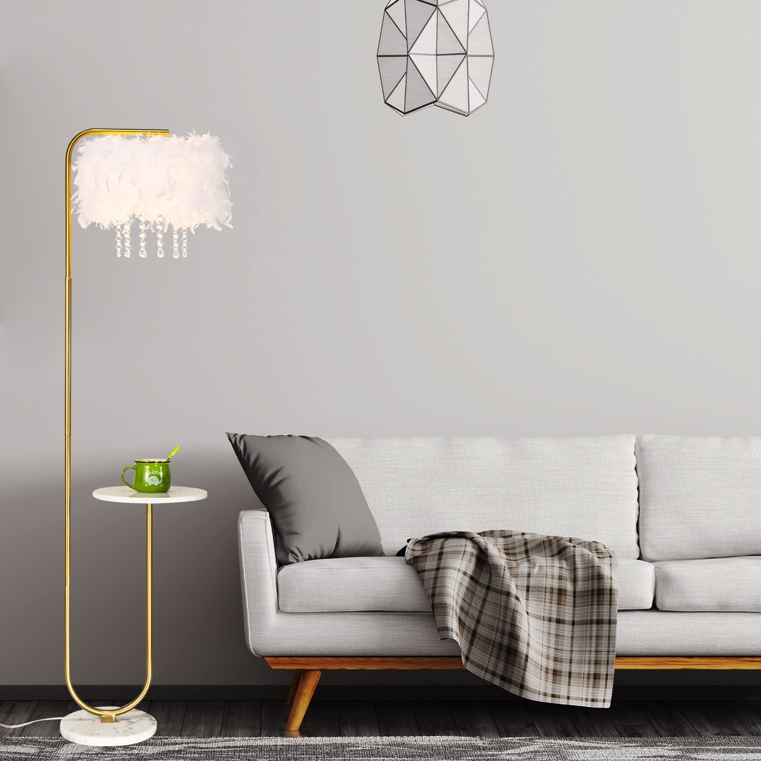 Beaysyty Unique Led White Feather Floor Lamp With Tray,Ostrich Feather Stand Lamp,Living Room Bedroom Office Shop Window Decorat