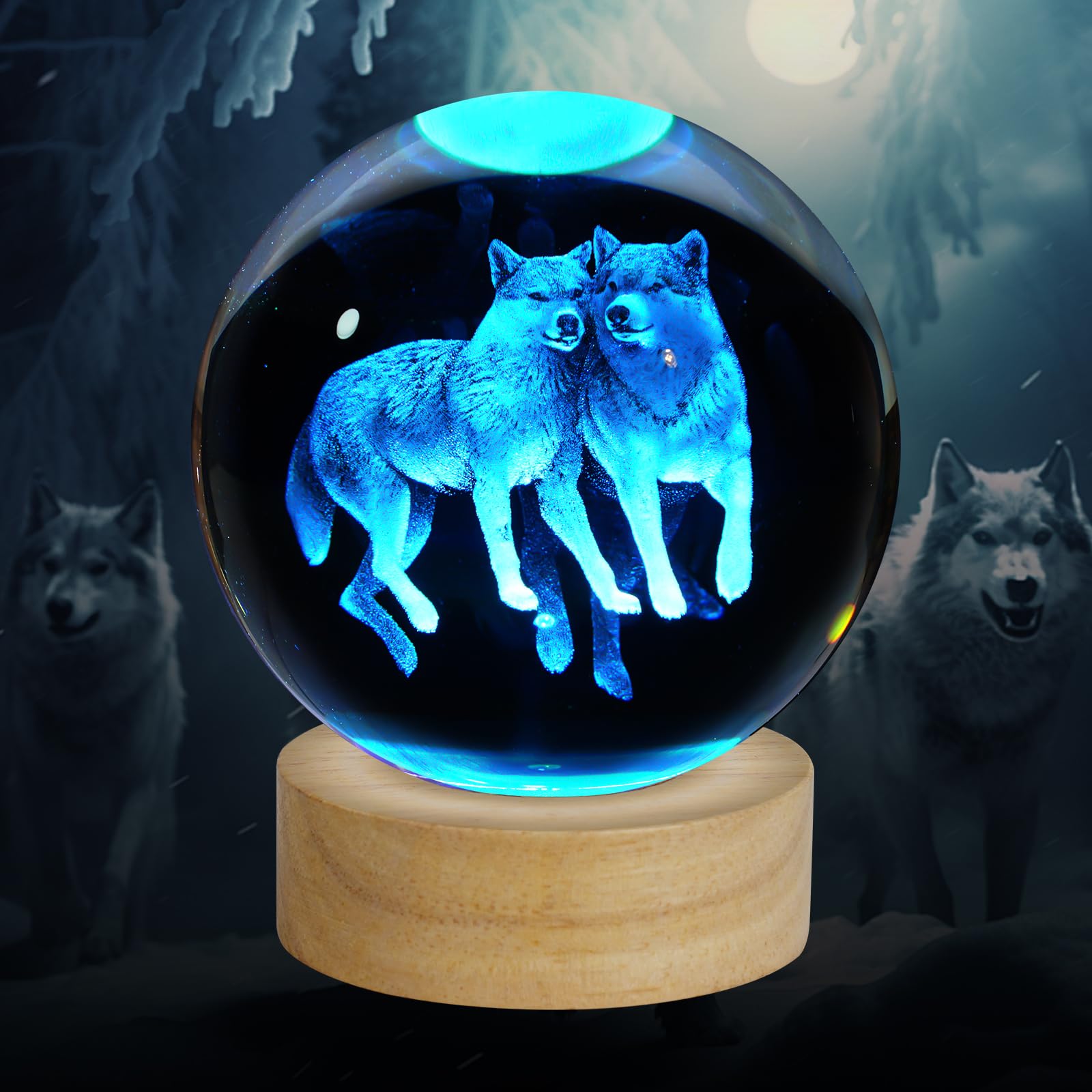 ZXBLAQ 3D Wolf Crystal Ball Night Light, Upgraded 3.15 Inch Glass Ball Lamp with 16 Color LED Wooden Base, Wolf Statue Decor Bir