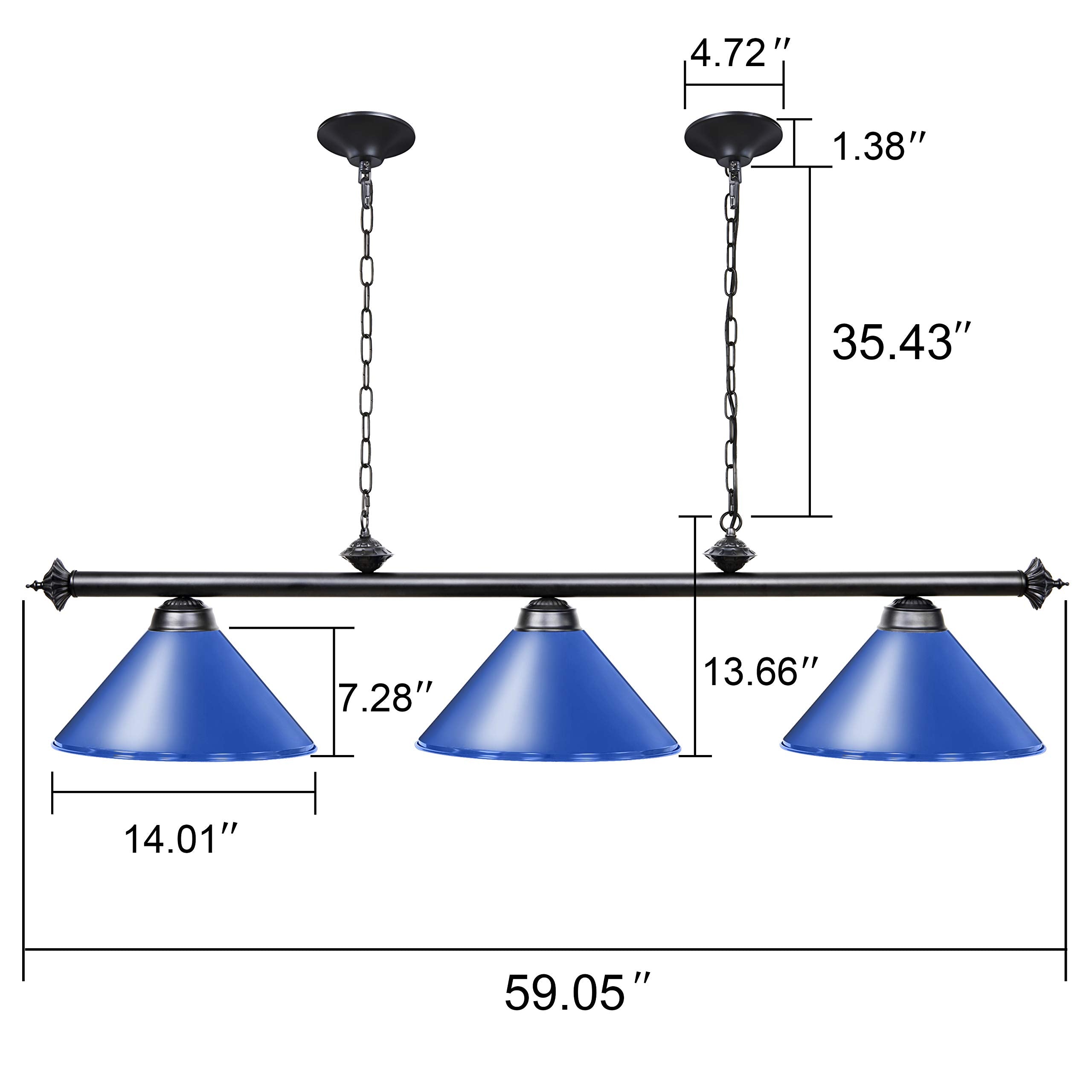 Wellmet 3 Light Pool Table Light, Vintage Metal Fixture, 59 inch for 7ft/8ft/9ft Tables, Blue, Model CHL-001-light-Blue