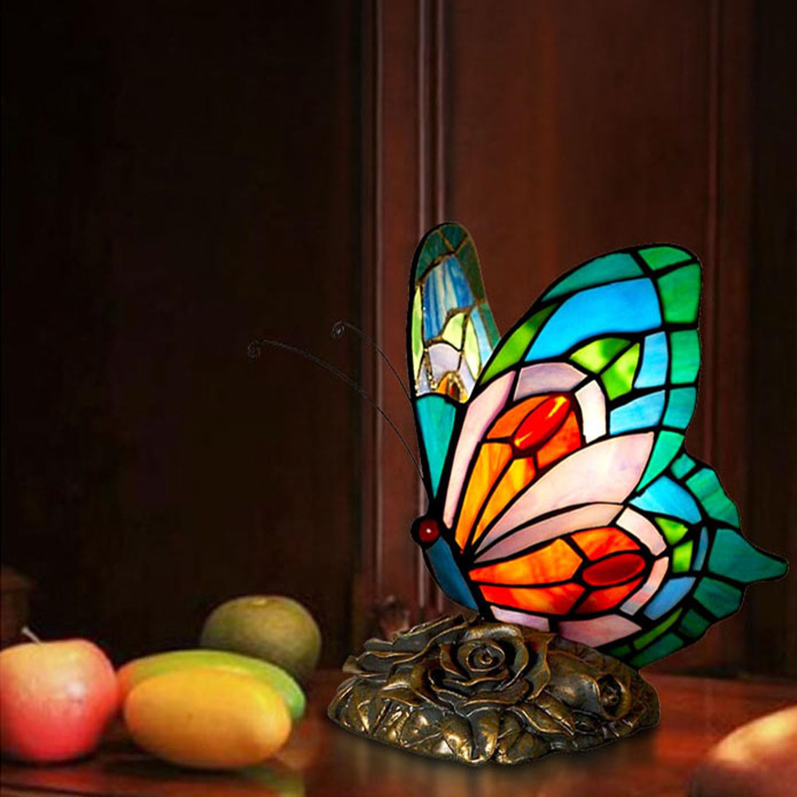 Fumat Bedside Table Lamp Led Tiffany Blue Fairy Butterfly Nightstand Table Lamps Stained Glass Shade On Off Switch Home Office D
