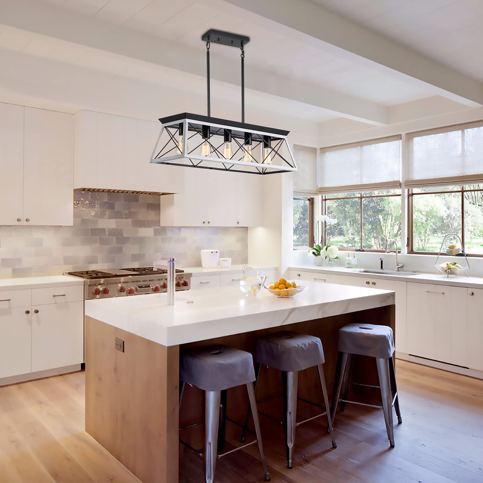 XIPUDA 5-Light Farmhouse Pendant Light Fixture, Metal Chandelier for Dining Room, White Rectangular Design, Model XPD-0009x