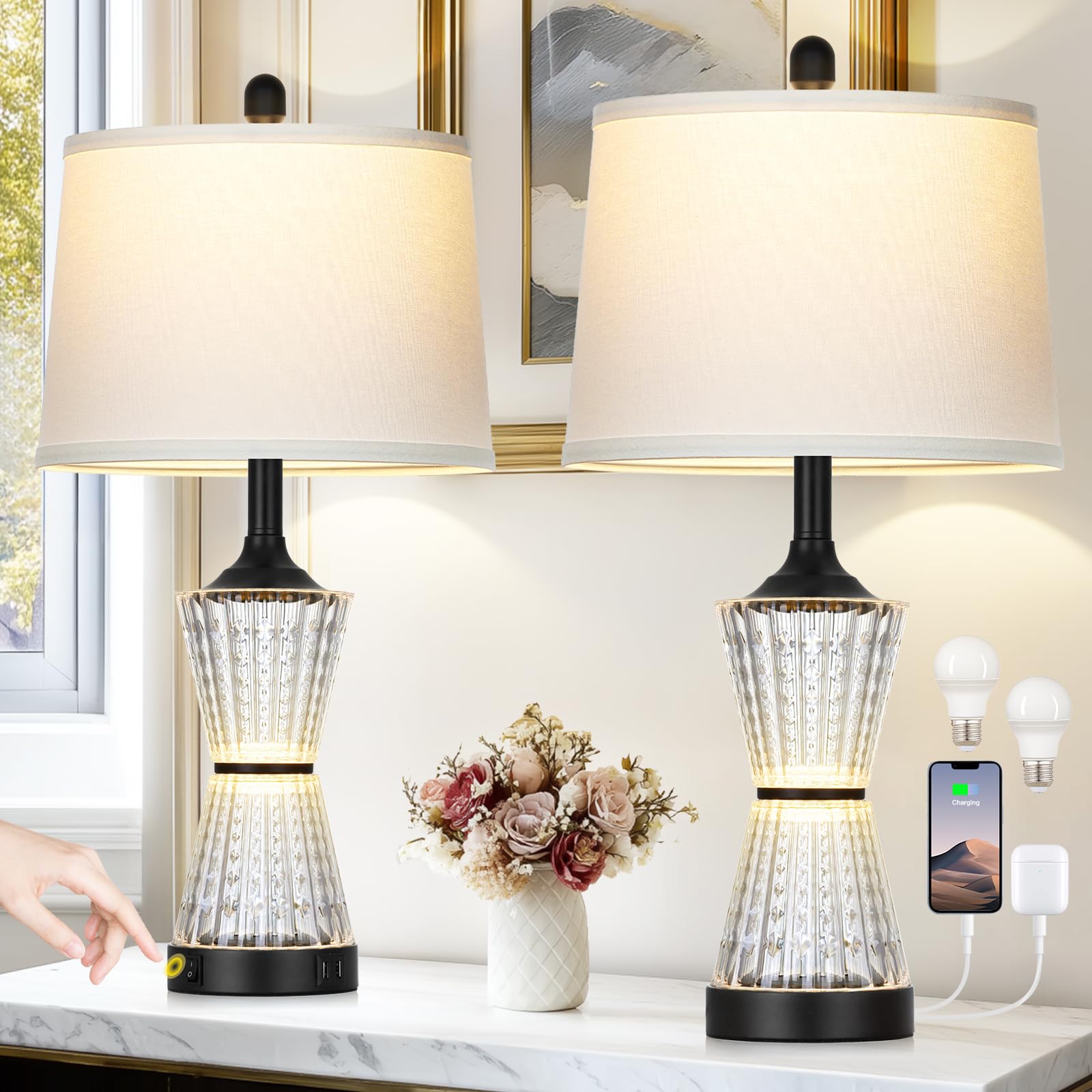 Modern Table Lamps for Living Room  26 Tall Black Table Lamp with 2 Textured LED Night Light  2 USB Charging Port & AC Outlet  Bedside Lamps for Bedroom Nightstands End Table Office  2 Bulbs Included