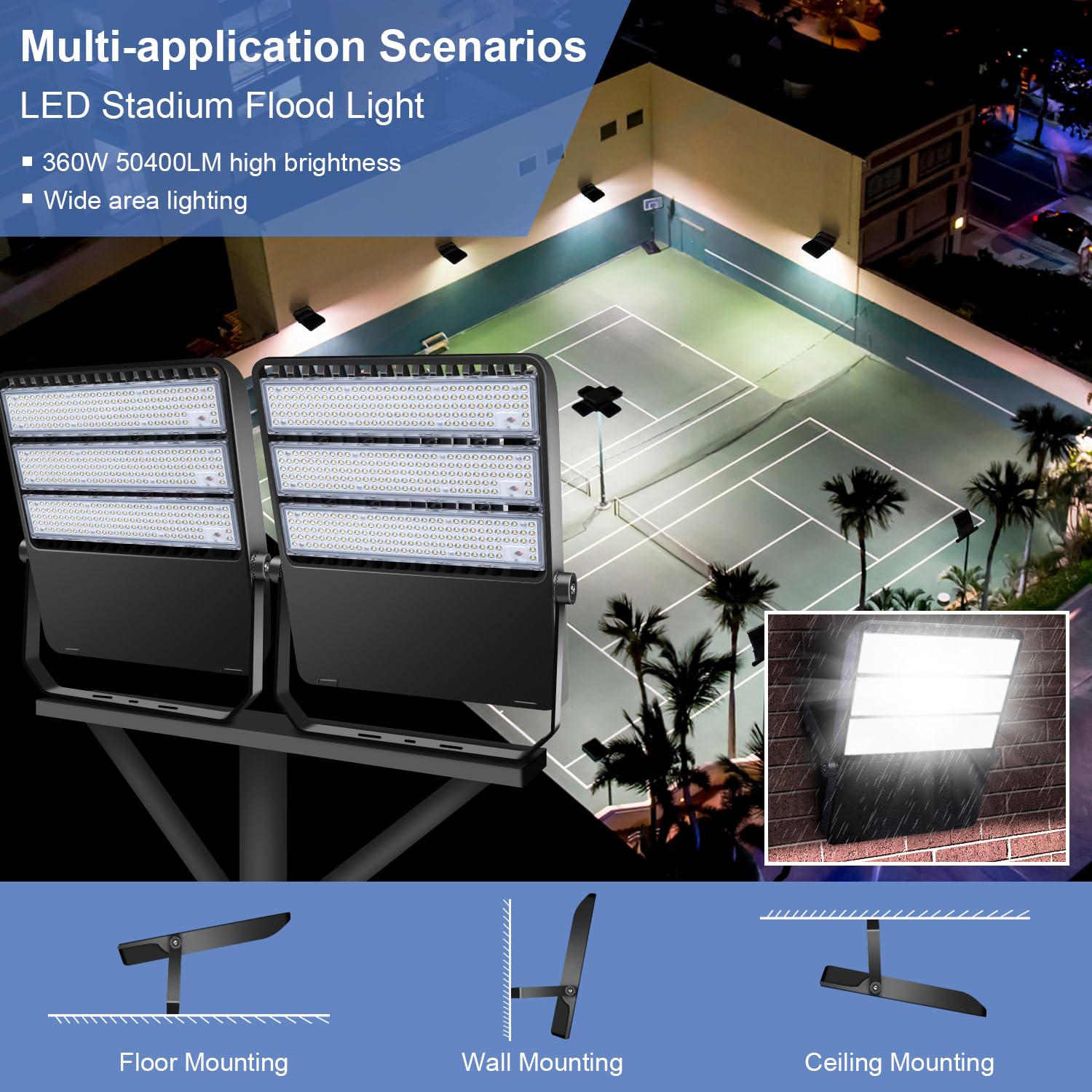 BIRITALO 360W Outdoor LED Flood Lights - 52200LM, Waterproof, 5500K, Wall Mount for Stadium, Arena, Basketball Court