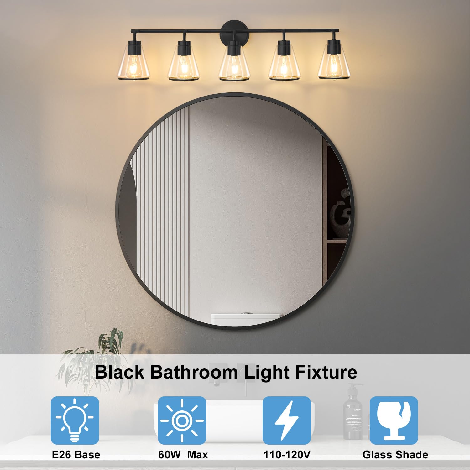 Nadosa Bathroom Vanity Light 5 Light, Modern Vanity Lighting Fixture For Bathroom, 38.5" Vanity Lights With Clear Glass Shade, Black Bathroom Wall Light Over Mirror, Wall Sconces For Bath
