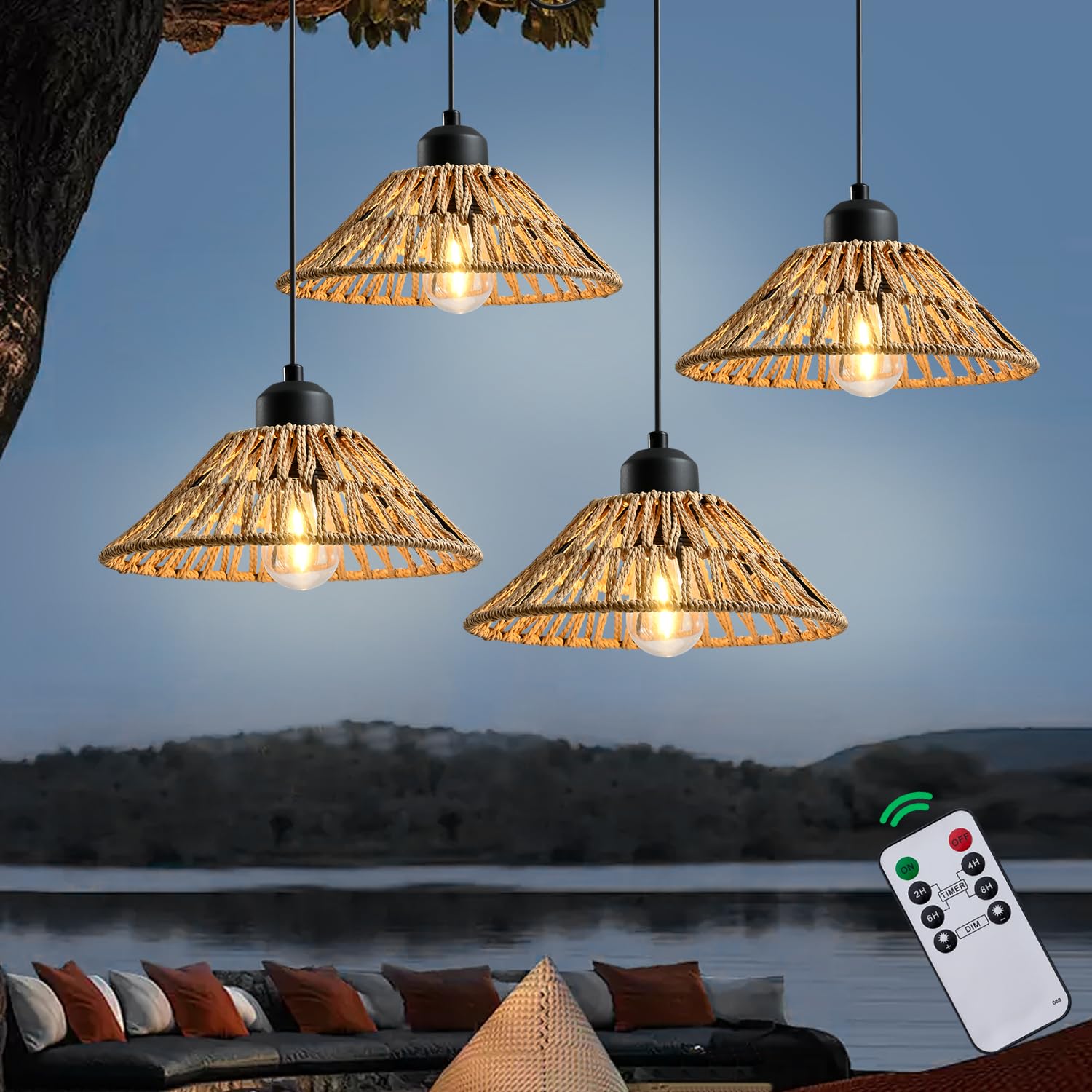 HuixuTe Battery Operated Hanging Outdoor Chandelier, Gazebo Lights Outdoor Pendant Light with Remote Control, 4*AA Battery Power