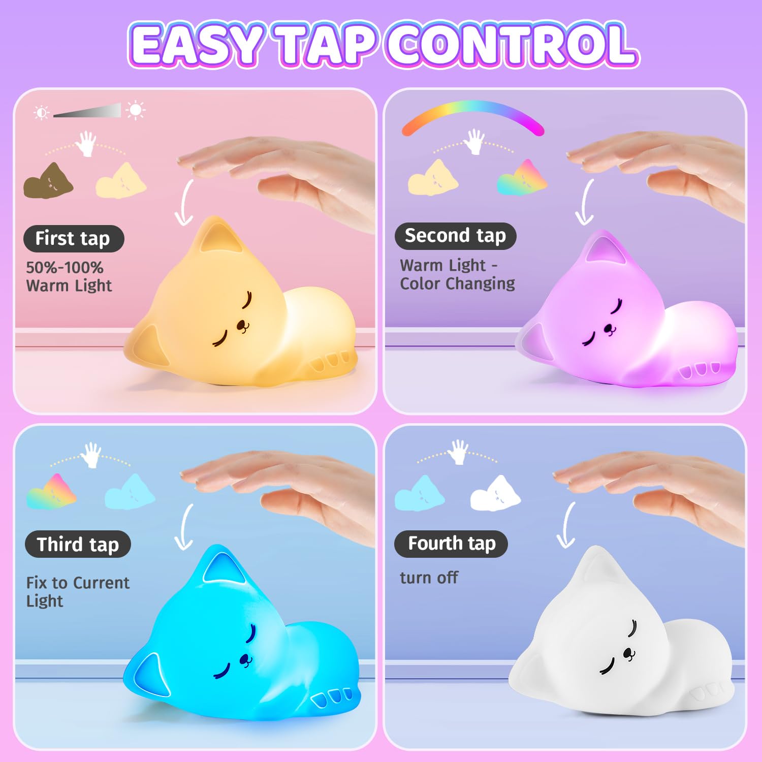 Mubarek Cat Night Light for Kids, Dimmable 16 Colors, Rechargeable, Soft Silicone, Small Size
