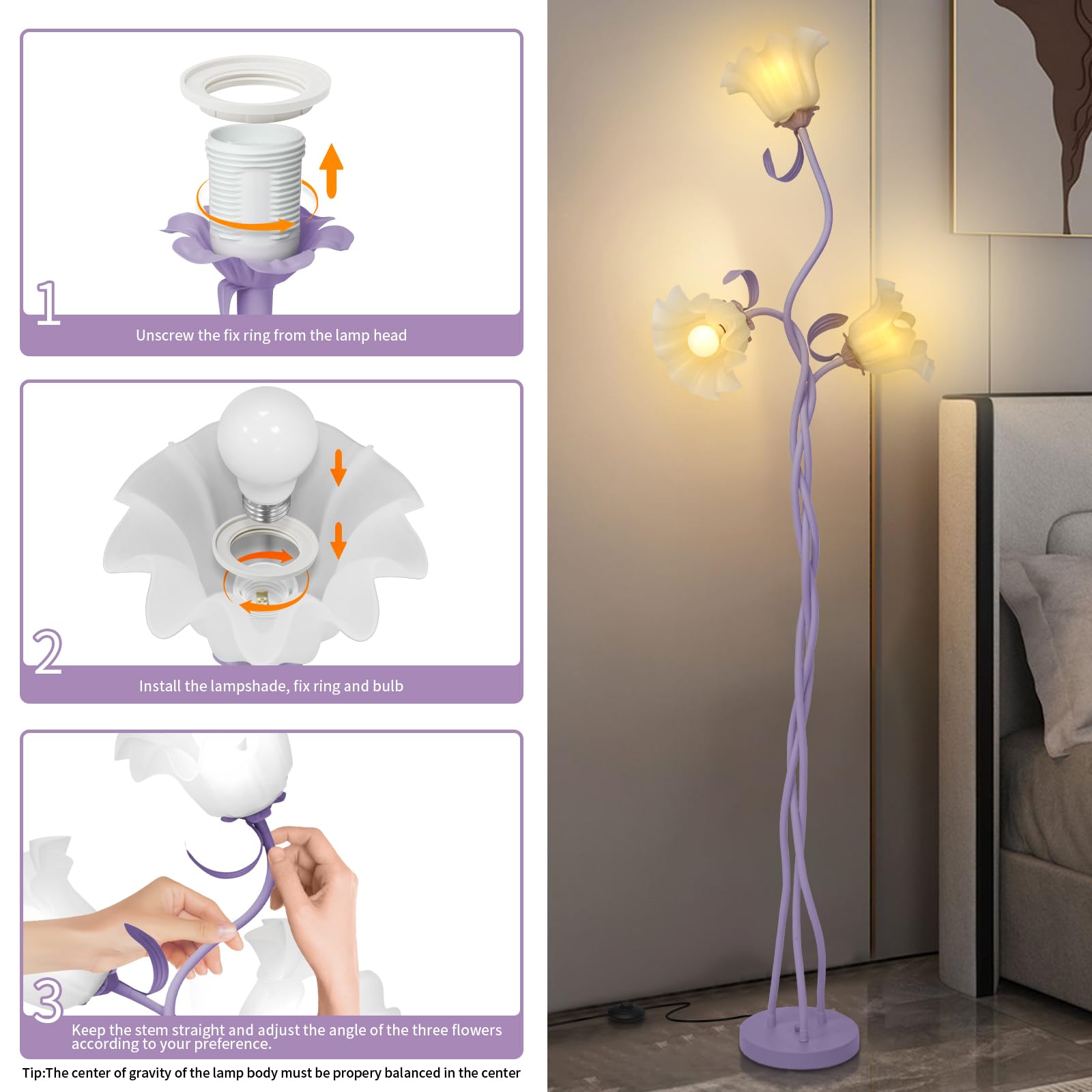 Fuzzbopn Flower Floor Lamp For Living Room, Tall Cute Reading Lamp With Flexible Neck Shaft For Bedroom Decor, Modern Corner Flo