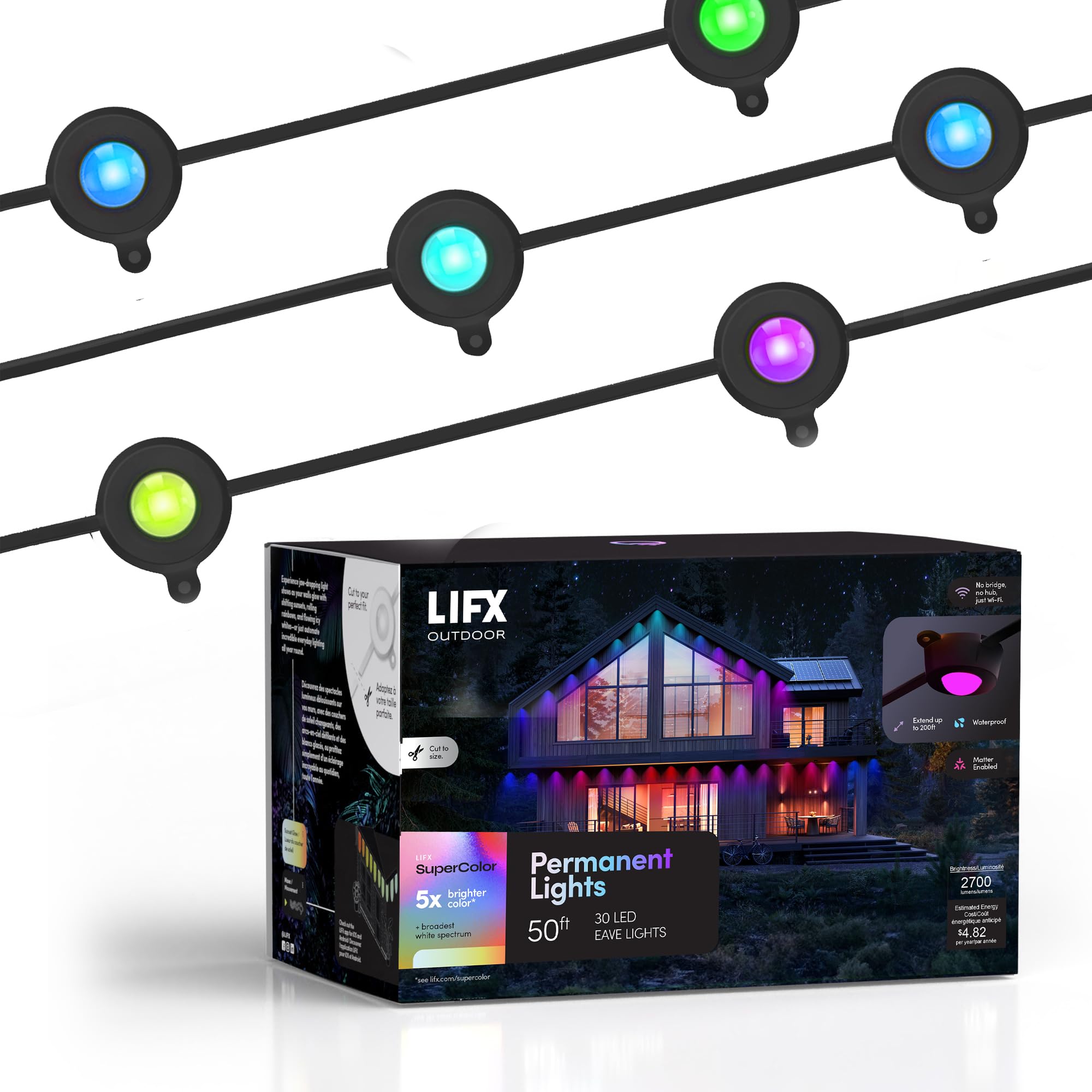 LIFX Permanent Outdoor Eave Lights, 50ft Smart RGB String Light, 30-Zone Color Control, Wi-Fi, App & Voice Control, Weatherproof